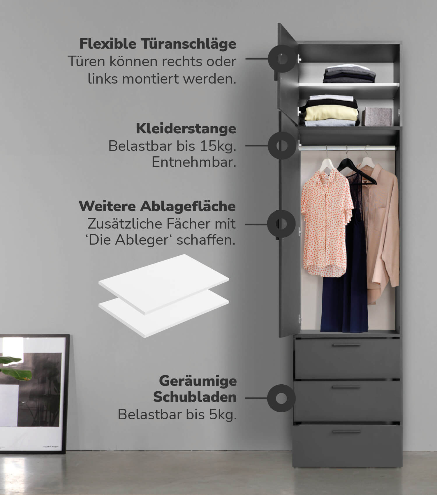 Armoire-penderie pour chambre à coucher, coloris anthracite