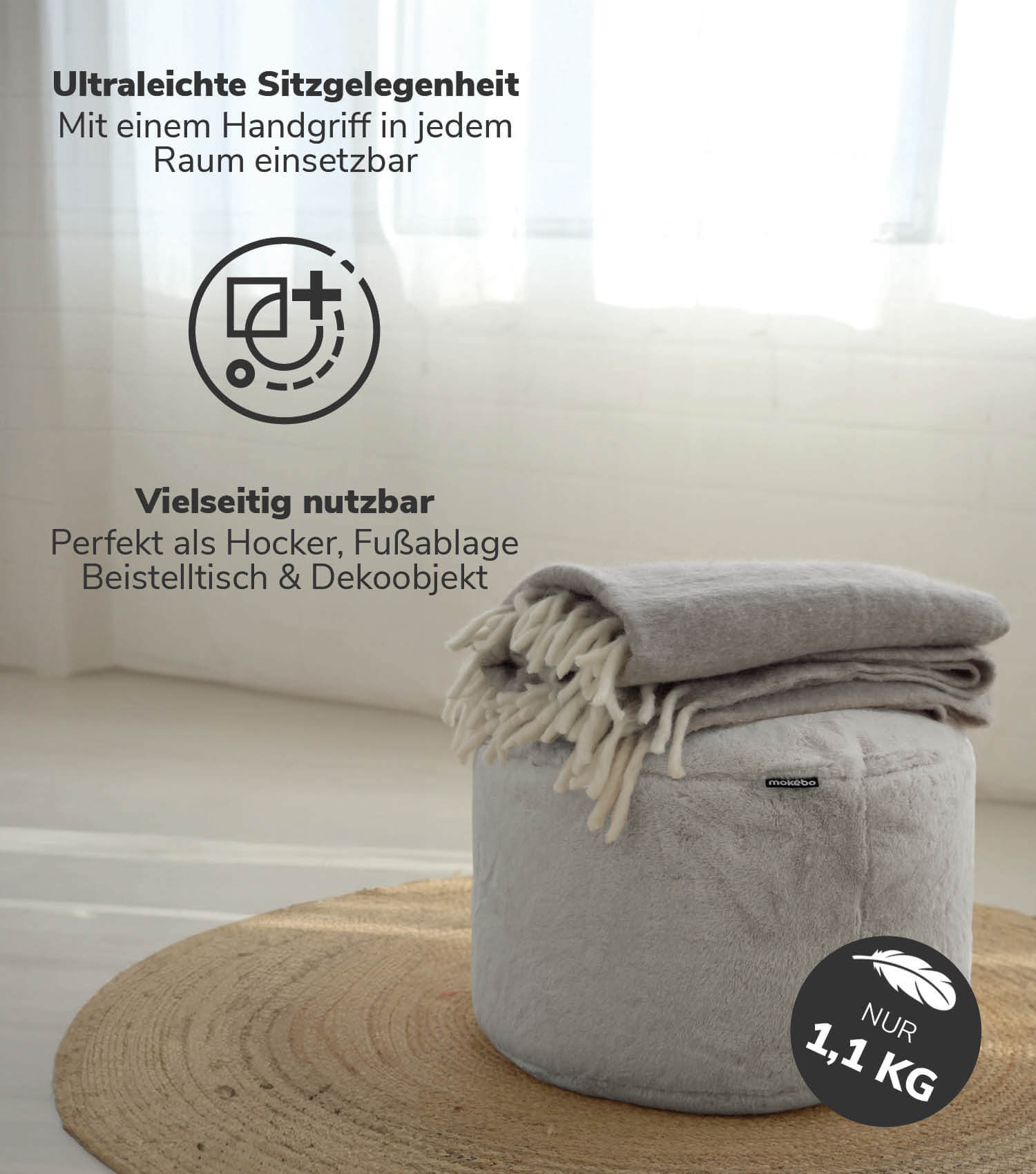 Pouf gris clair, repose-pieds et table d'appoint