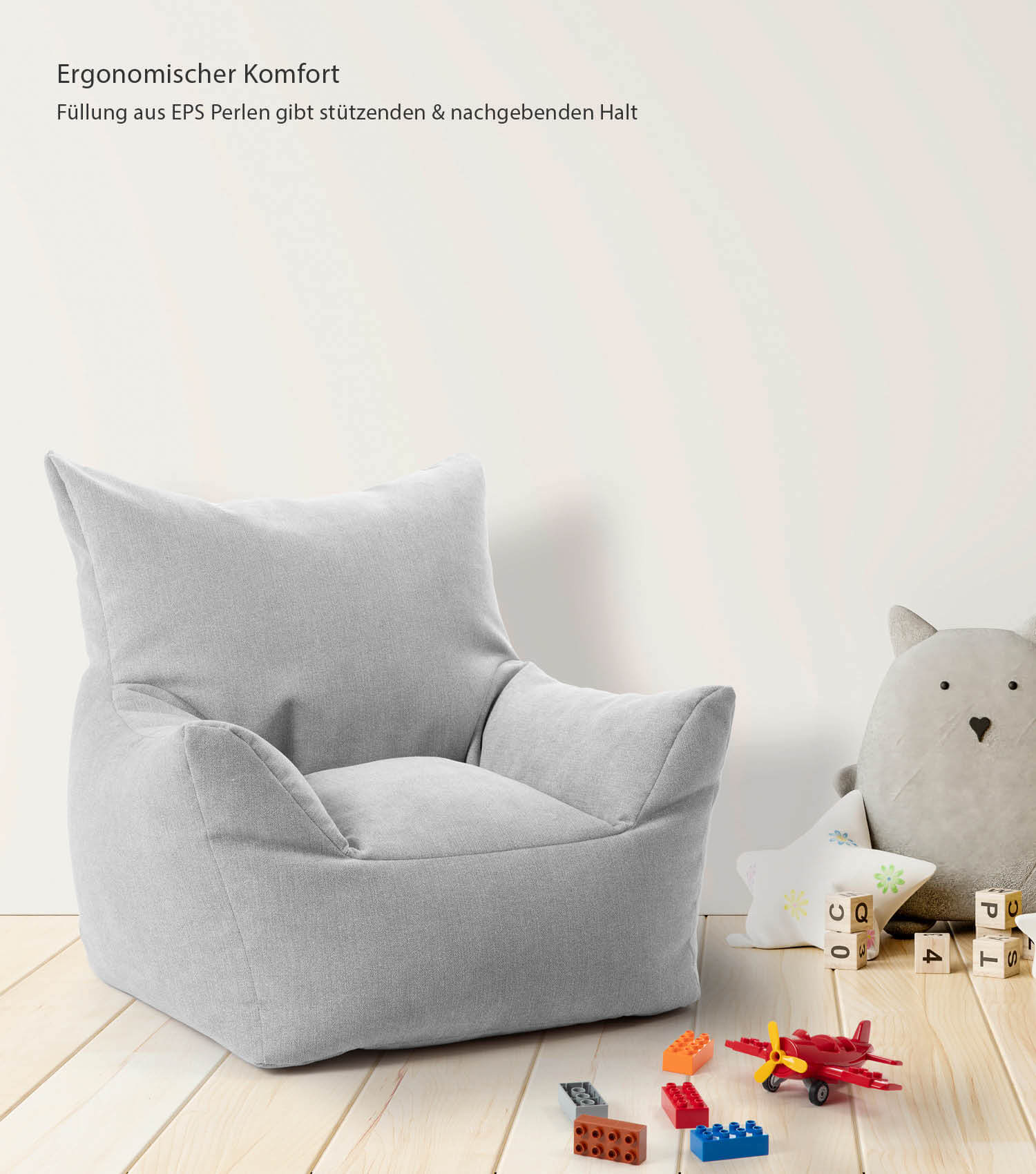 Sac à billes enfant en velours côtelé gris, pouf de lecture pour enfant