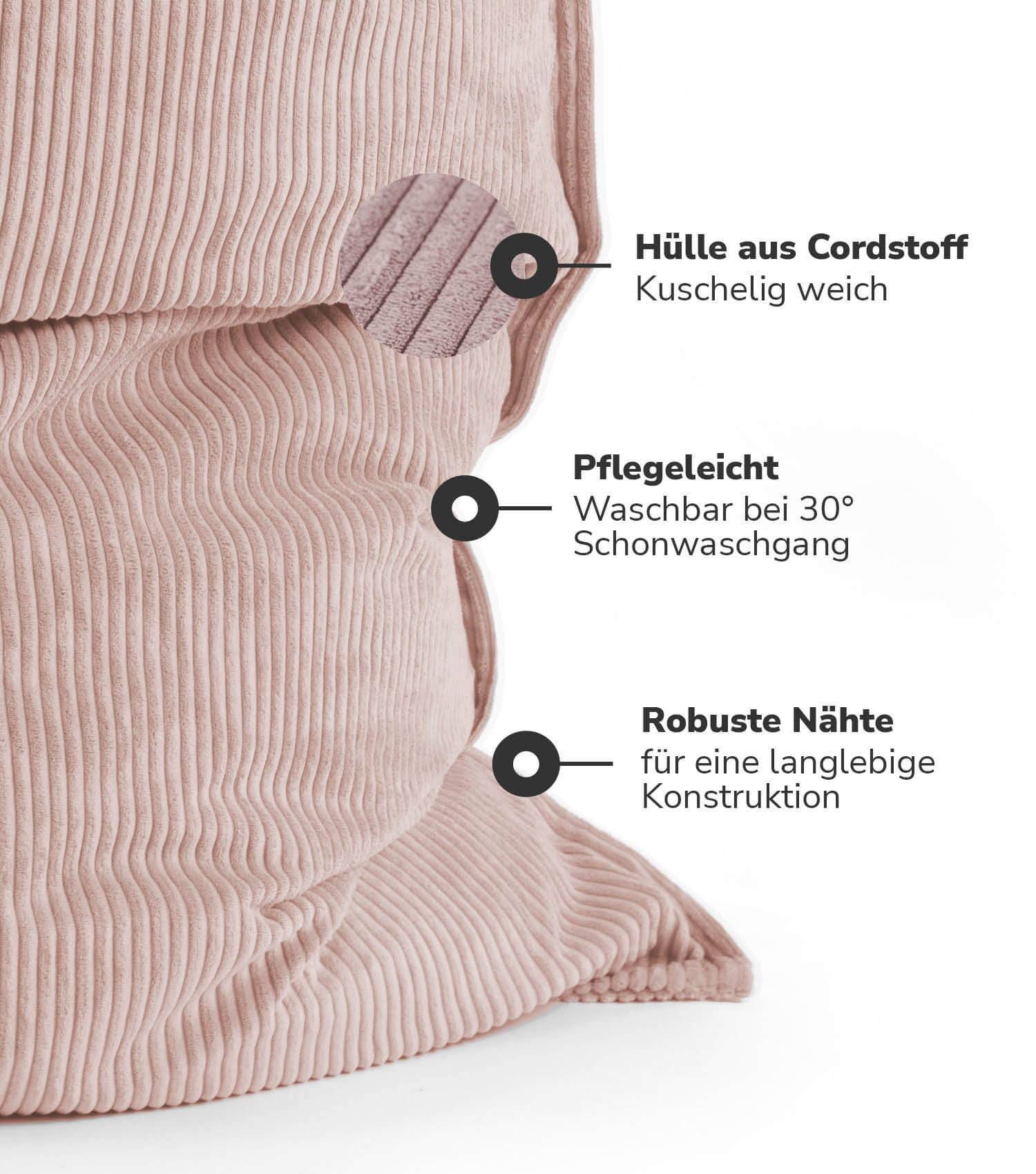 Housse de pouf bean bag en velours côtelé rose