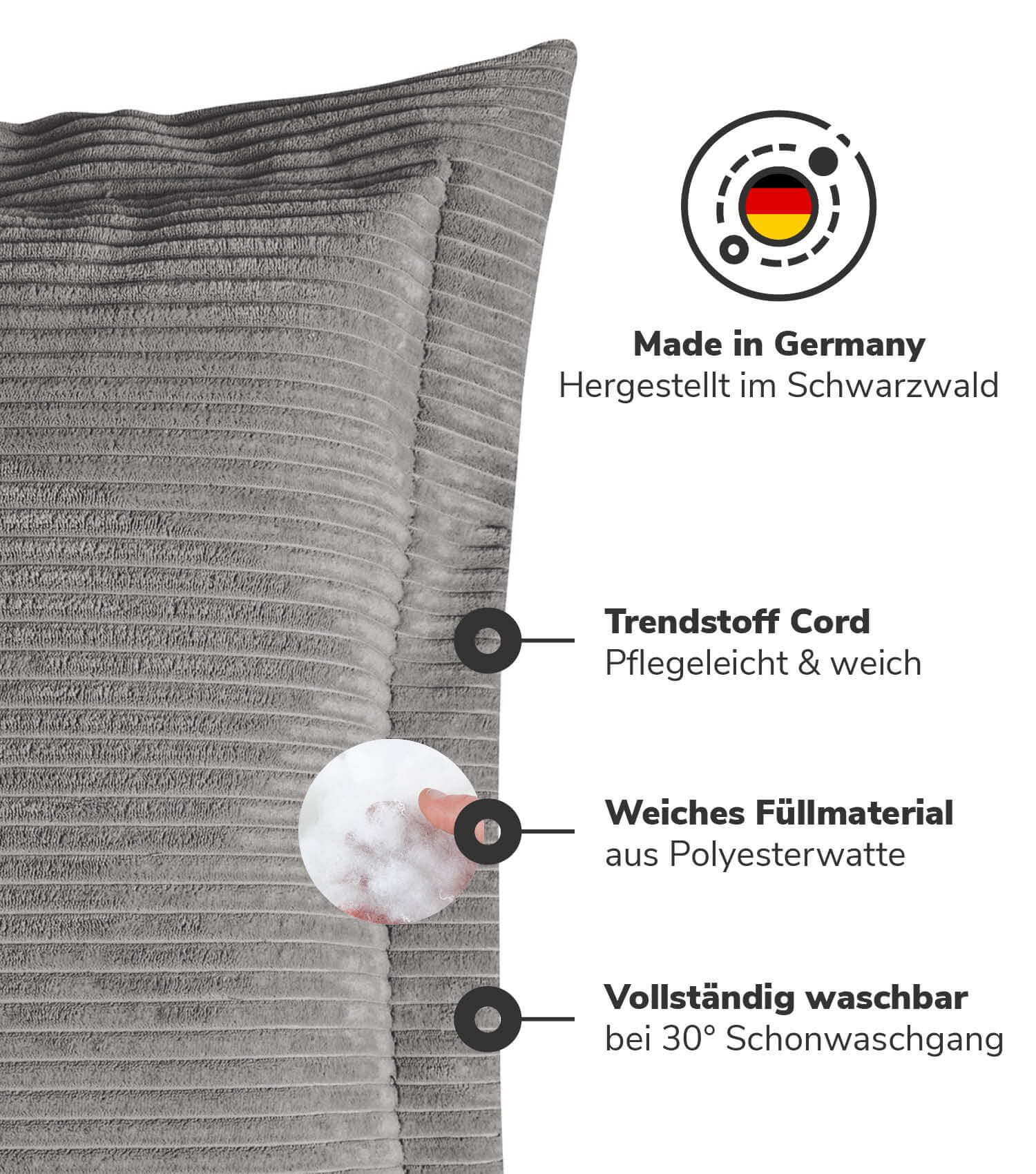 Coussin de canapé décoratif en velours côtelé, couleur anthracite