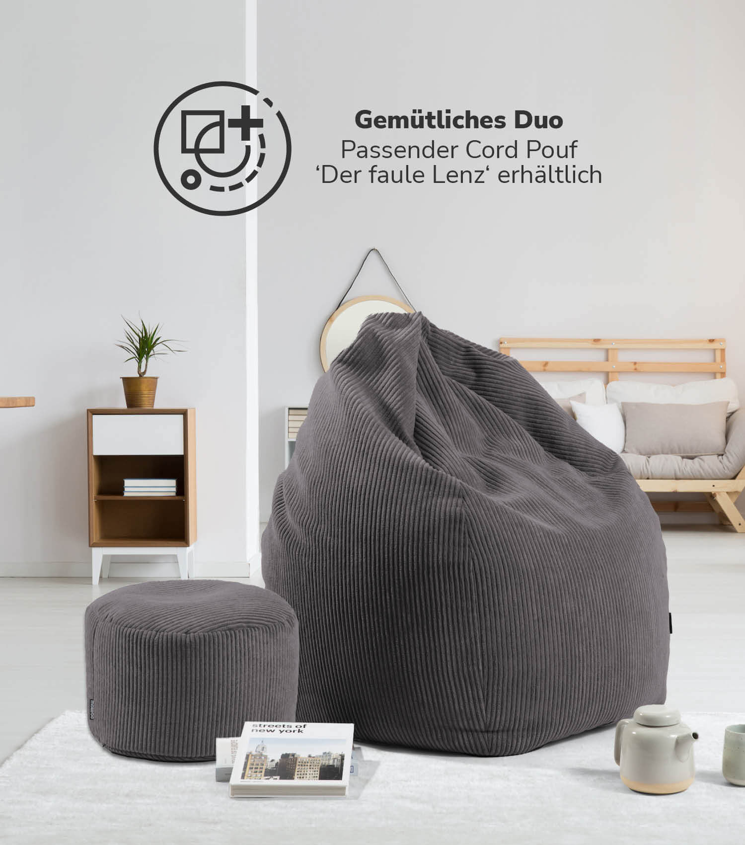 Pouf poire en velours côtelé anthracite, coussin de sol pour enfant