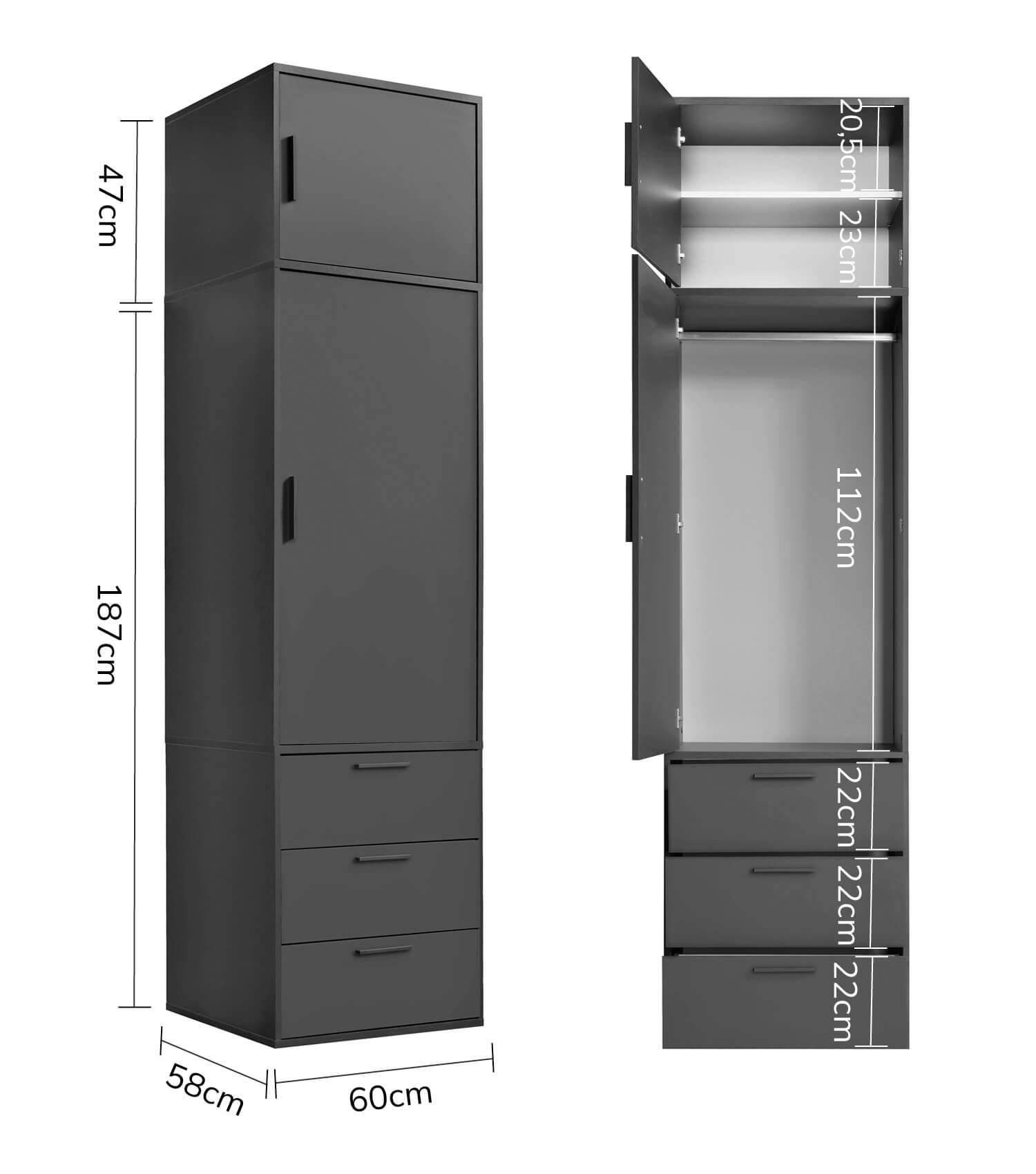 Armoire-penderie pour chambre à coucher, coloris anthracite