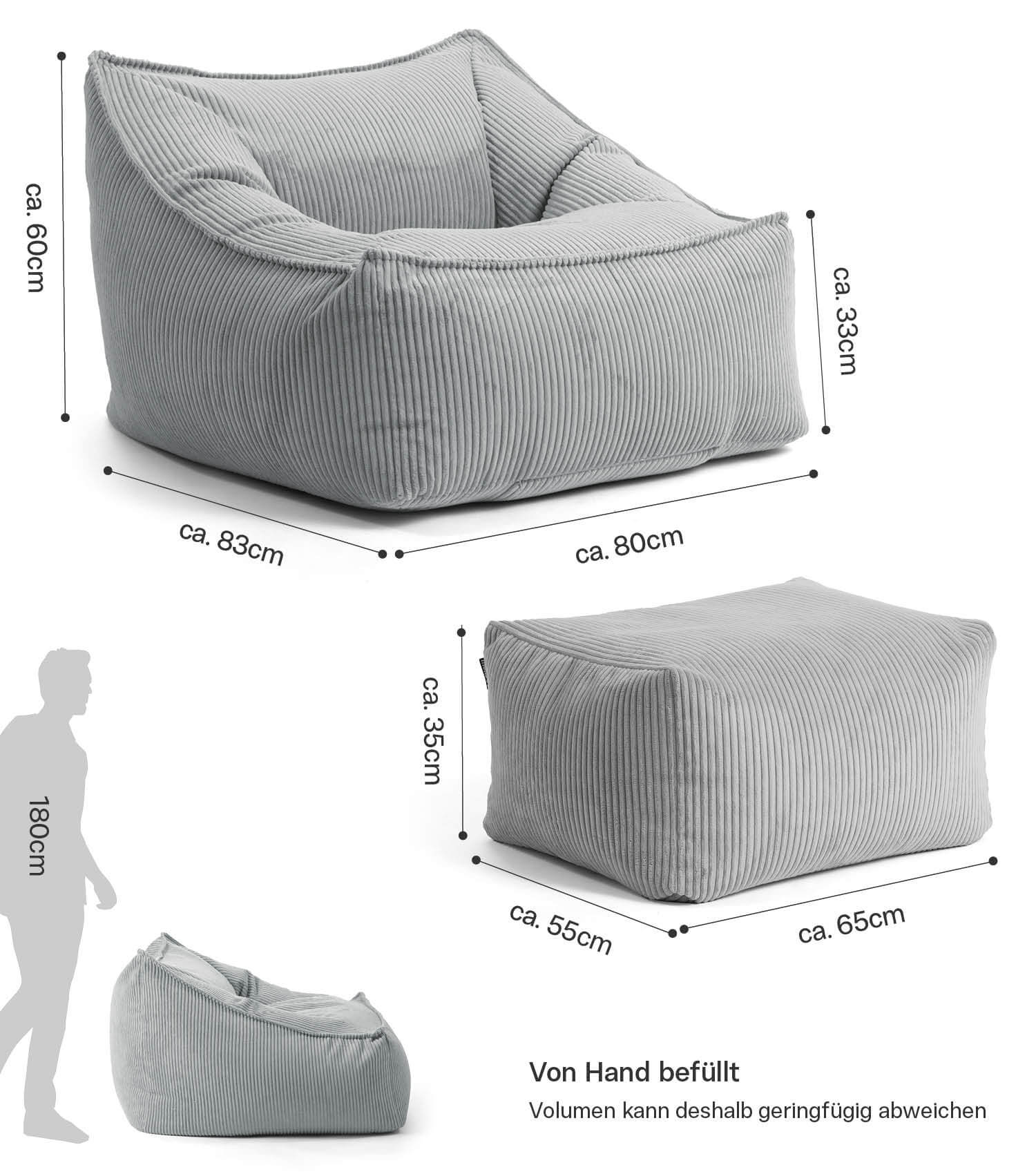 Fauteuil confortable XXL en velours côtelé avec accoudoirs, pouf de lecture gris