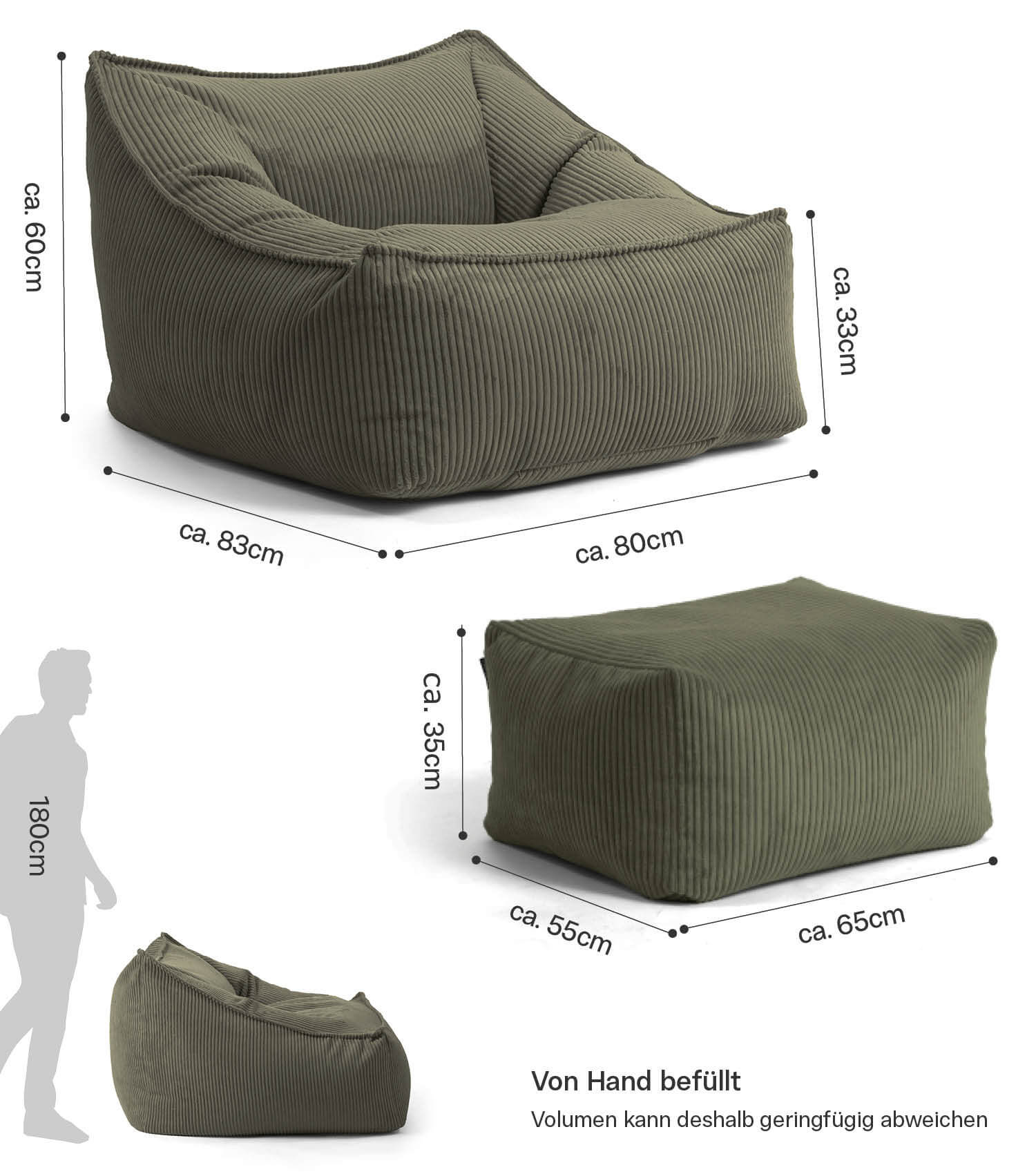Fauteuil en velours côtelé XXL avec accoudoirs, pouf de lecture confortable
