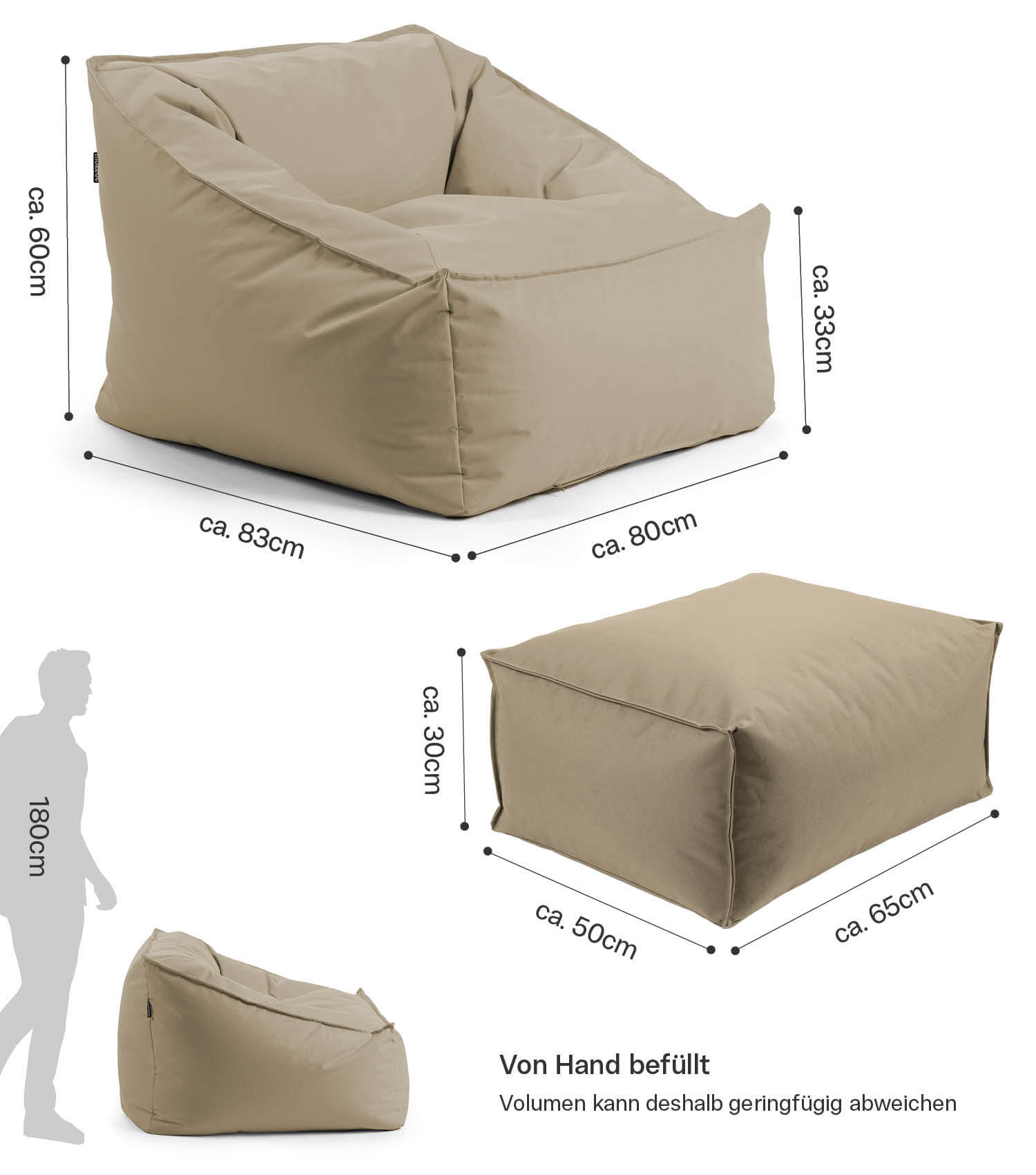 Pouf de sol bean bag relax en kaki avec housse amovible