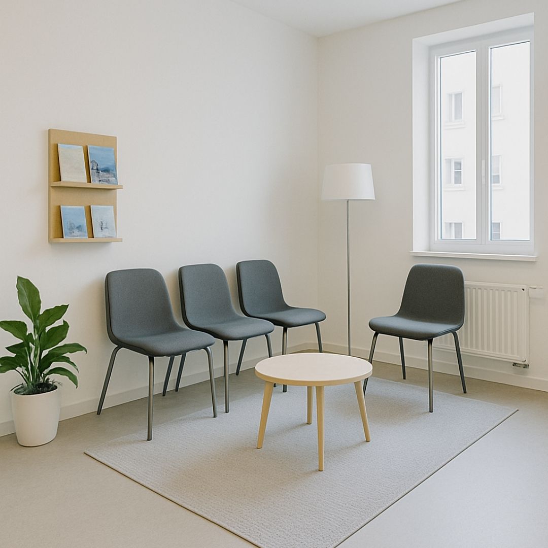 Salle d'attente de cabinet médical avec chaises grises