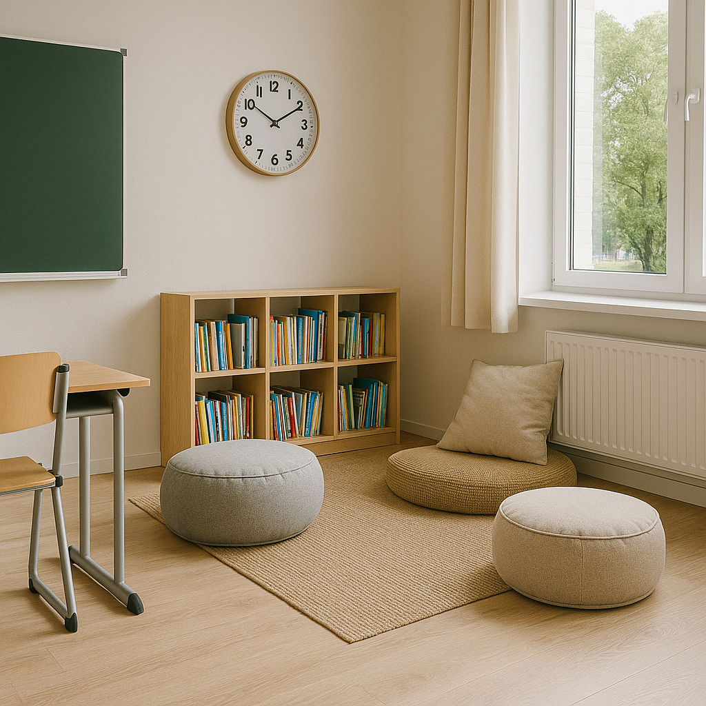 Salle de classe avec poufs et sacs de pouf