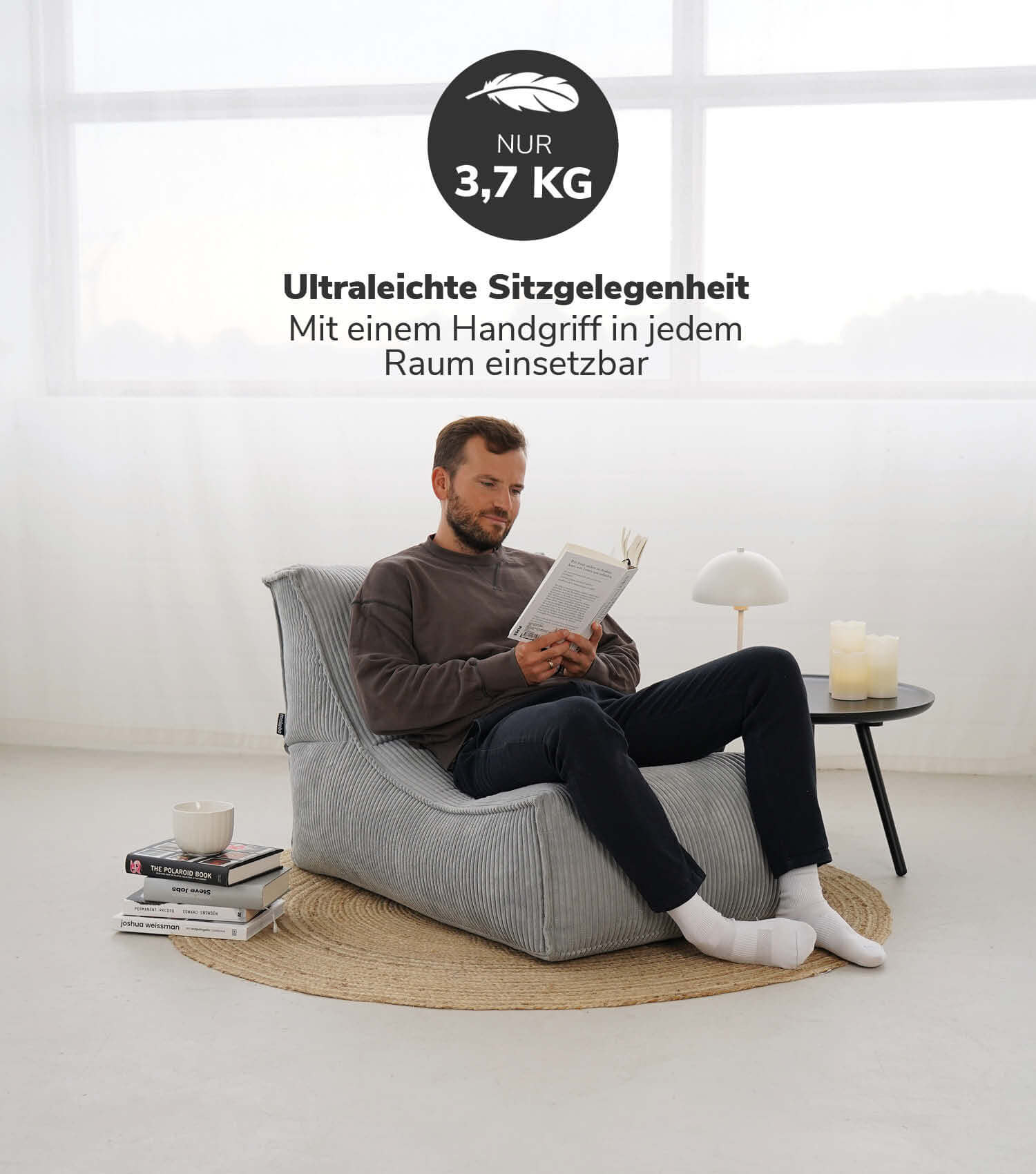 Pouf géant XXL + repose-pieds pour enfants et adultes avec remplissage 'Der Gelassene'