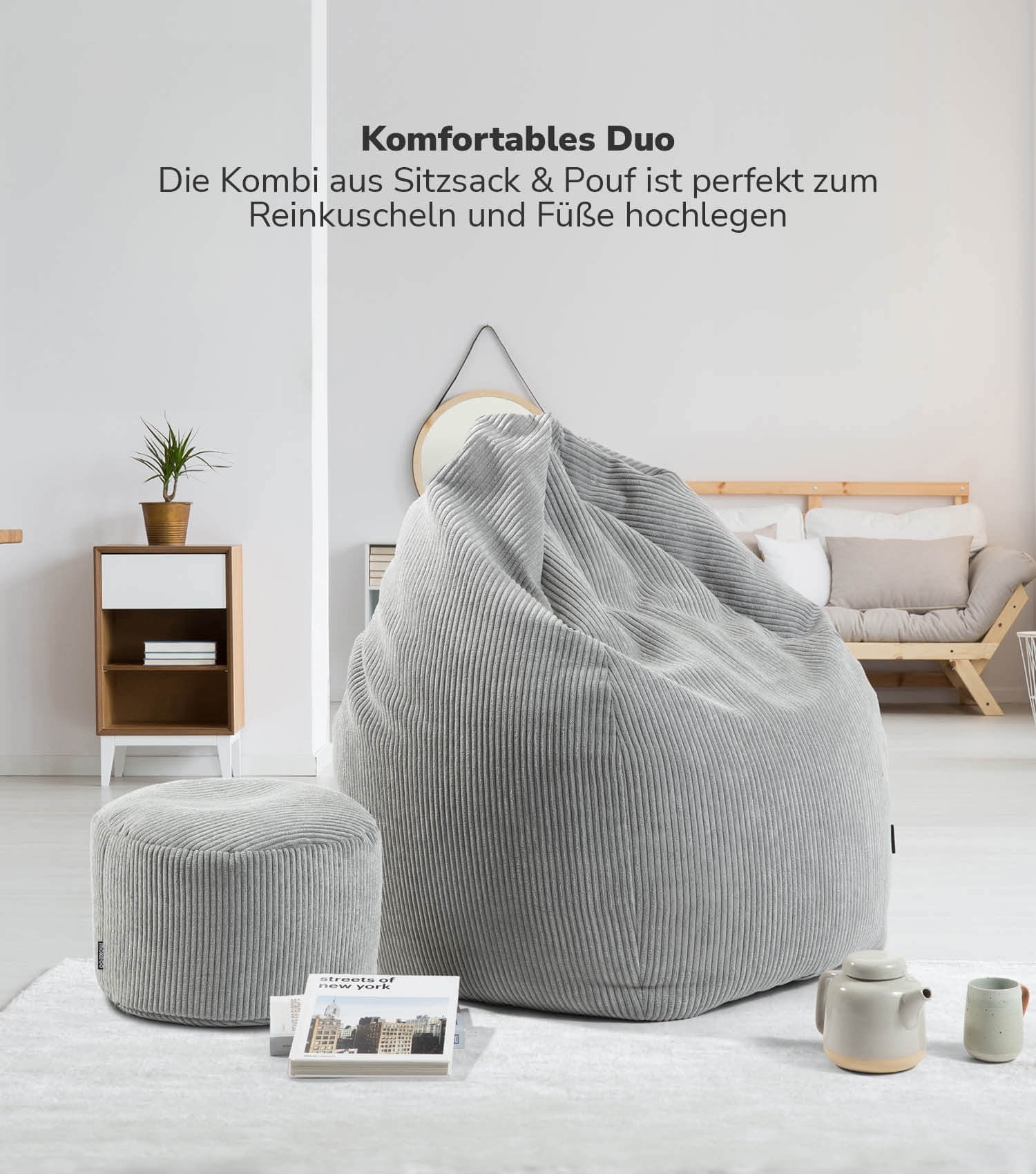 Pouf Bean Bag en velours côtelé gris, coussin de sol confortable pour enfants et adultes