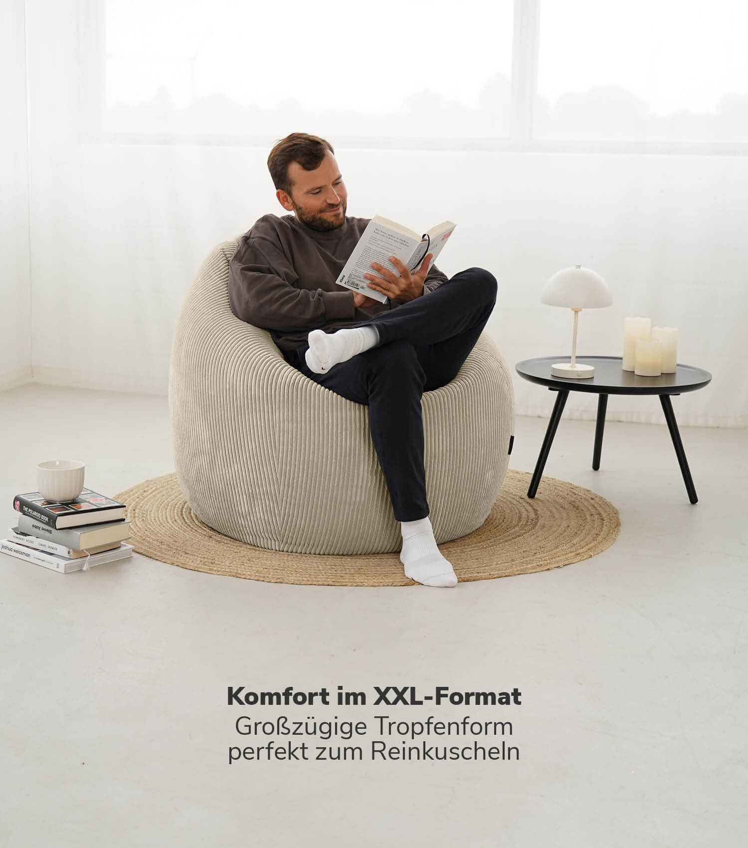 Pouf poire en velours côtelé, coussin de sol naturel