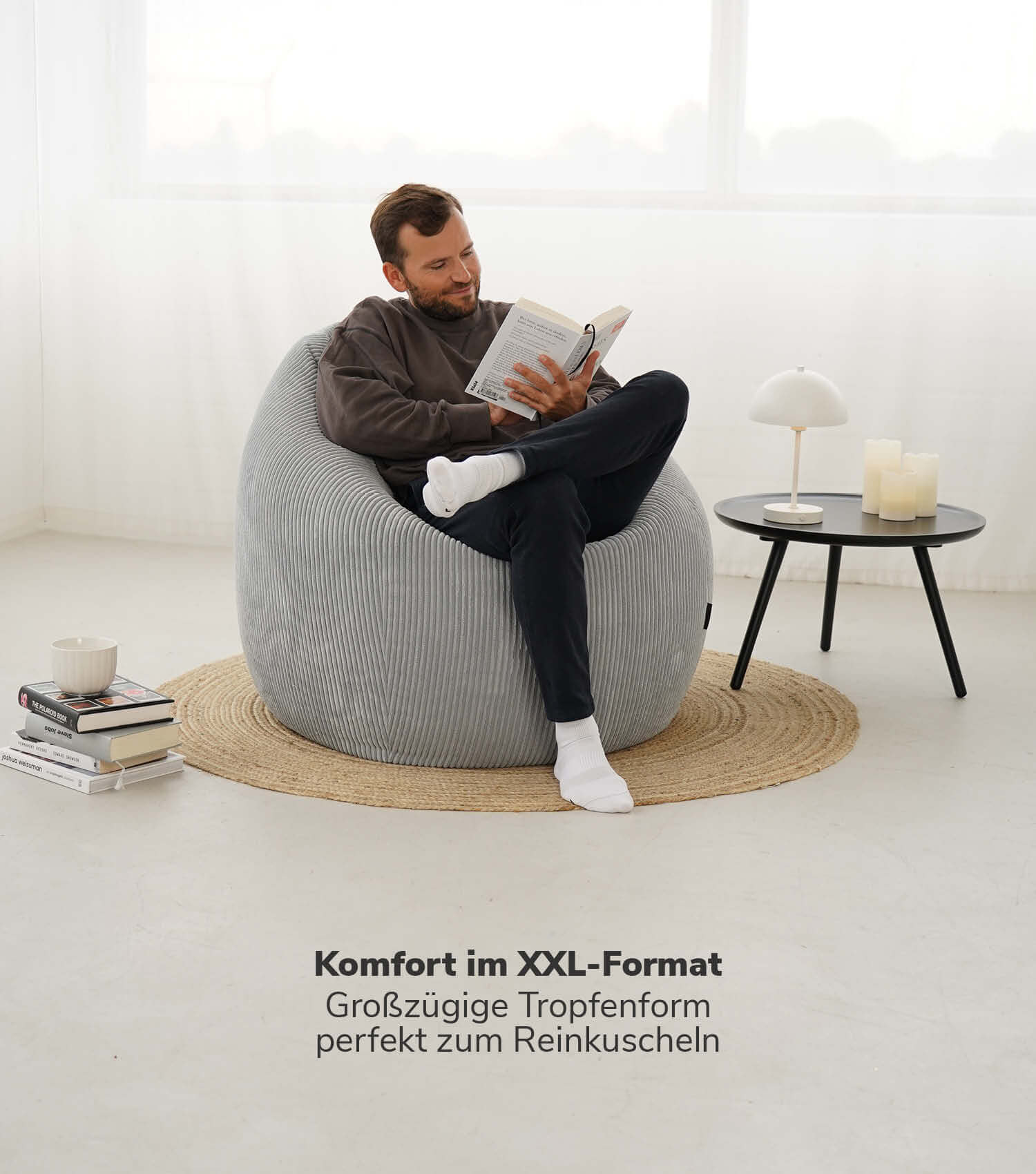 Pouf poire en velours côtelé gris, coussin de sol confortable