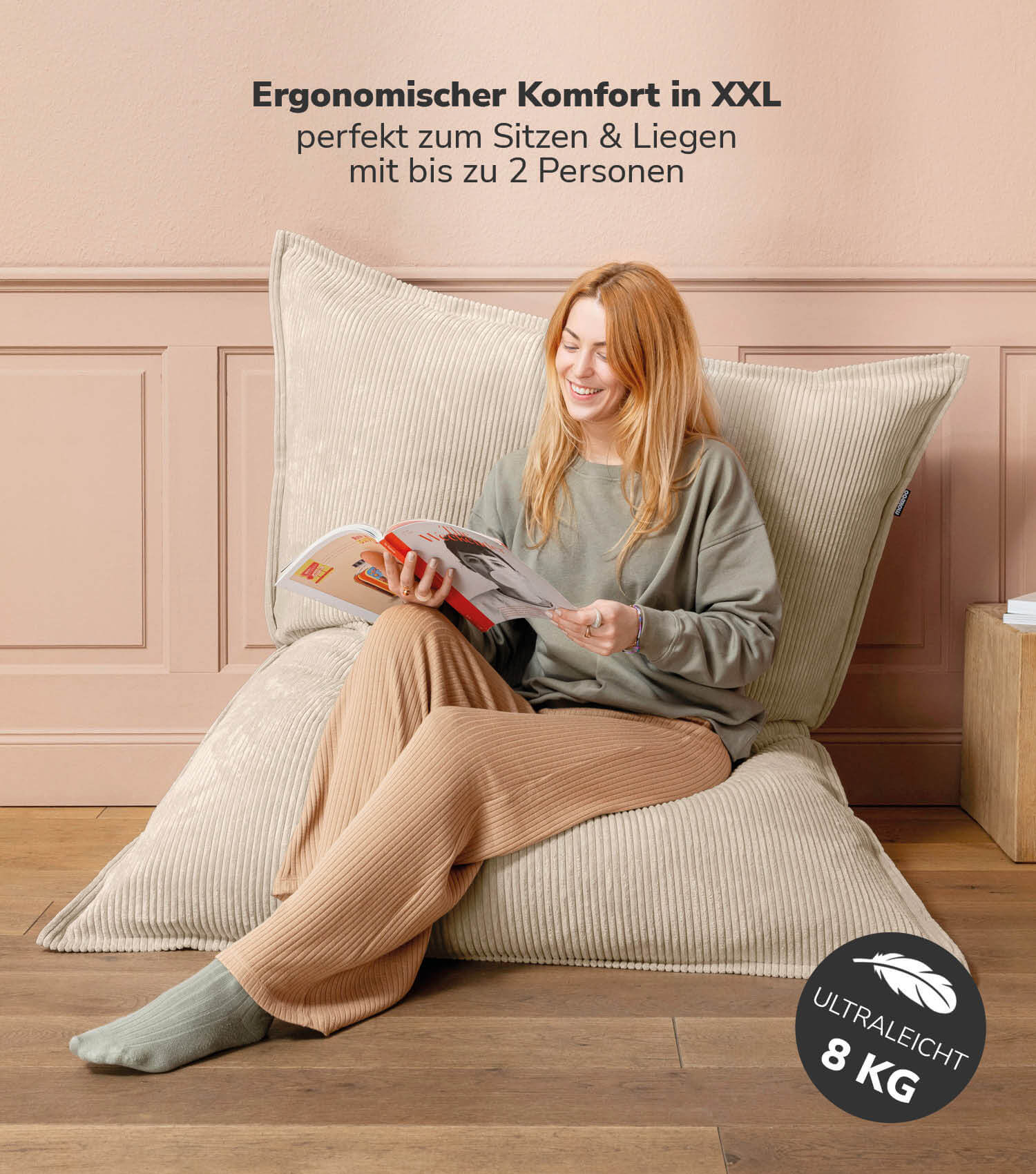 Pouf géant XXL avec housse en velours côtelé, repose-pieds design