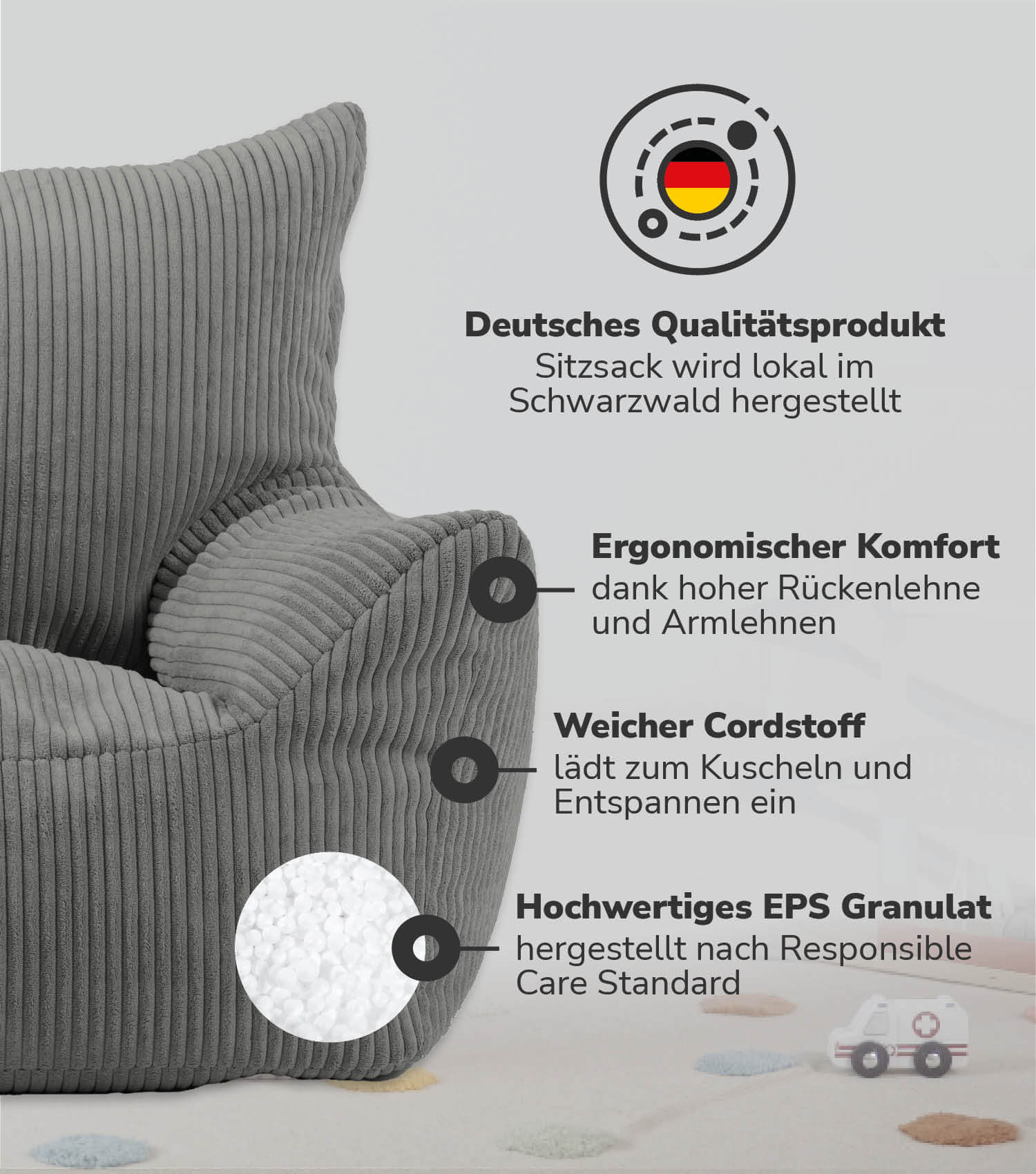 Pouf de sol pour enfant en velours côtelé, fauteuil de lecture confortable pour enfant