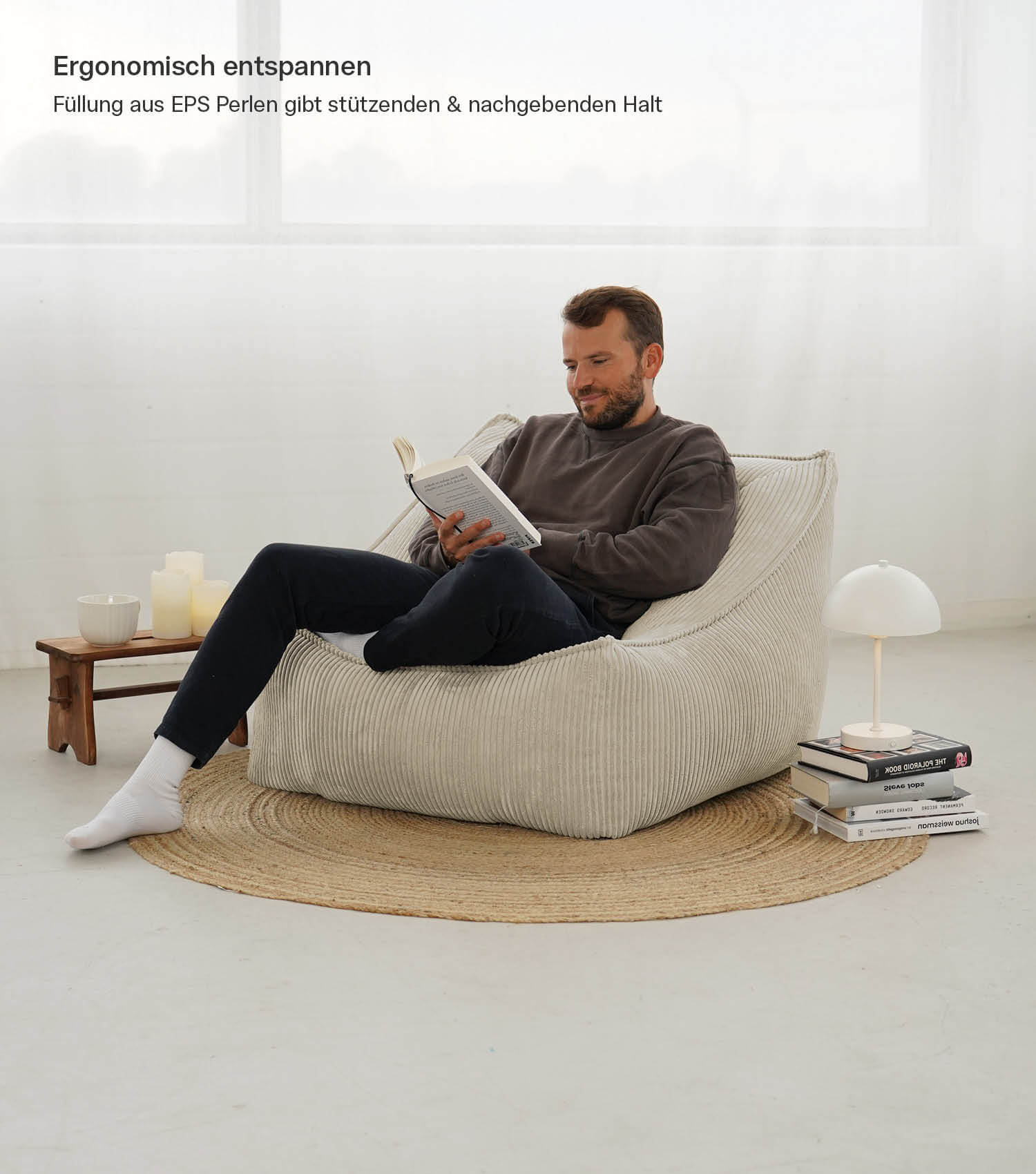 Fauteuil Cord XXL sac à haricots avec accoudoirs couleur naturelle