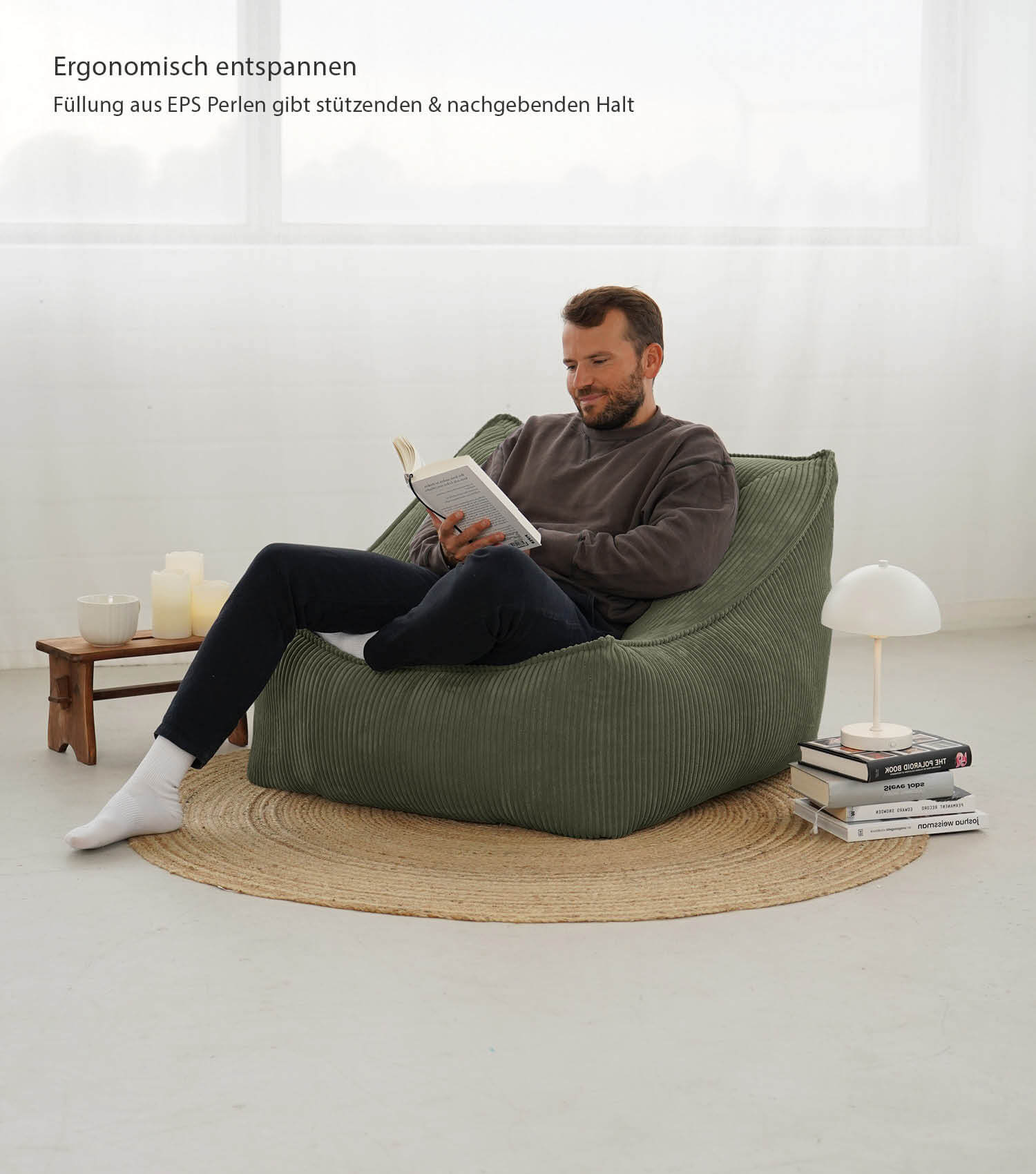 Fauteuil Cord XXL pouf de lecture avec accoudoirs, coloris olive