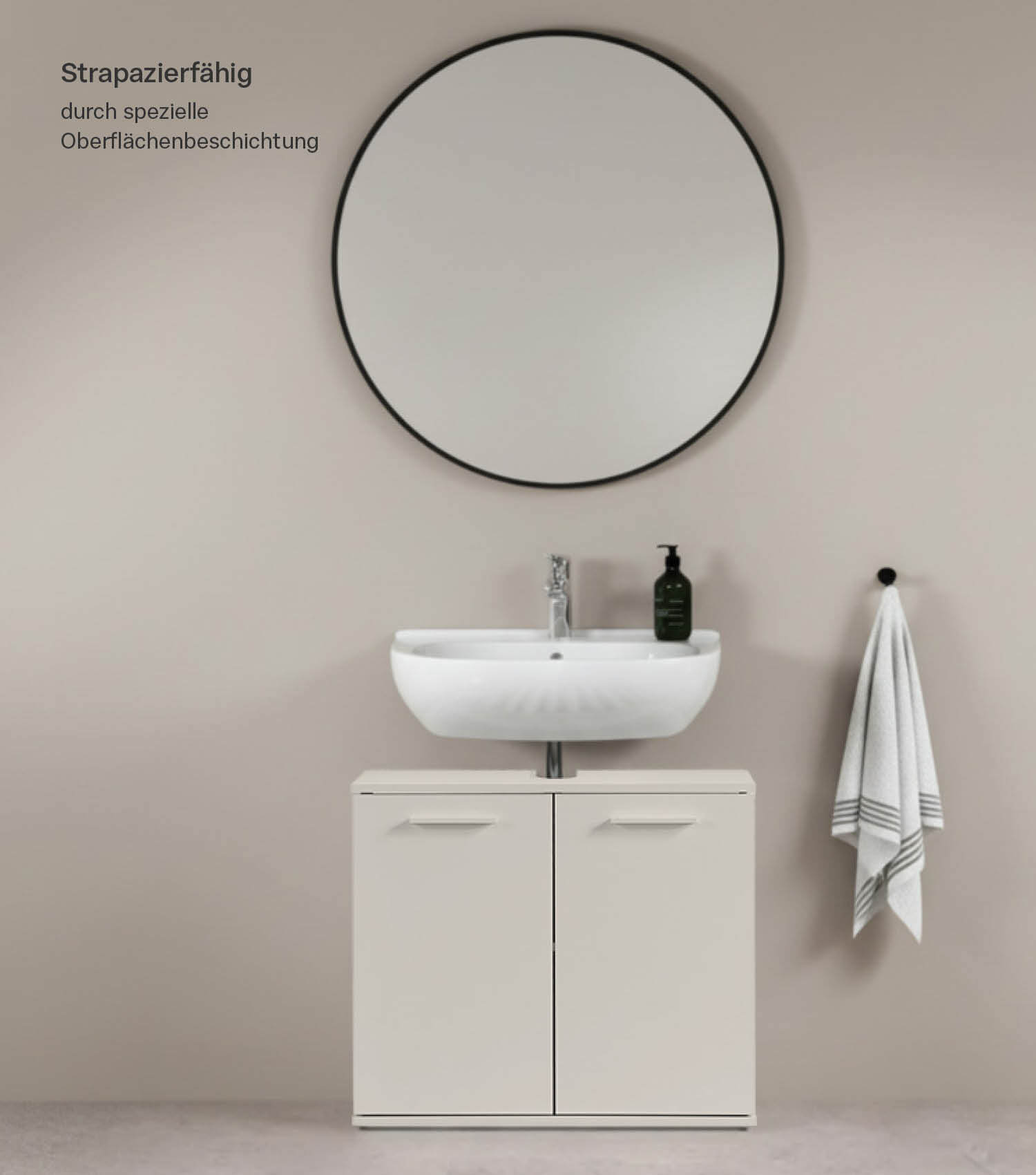 Meuble sous-lavabo blanc avec portes et tiroirs, style moderne minimaliste