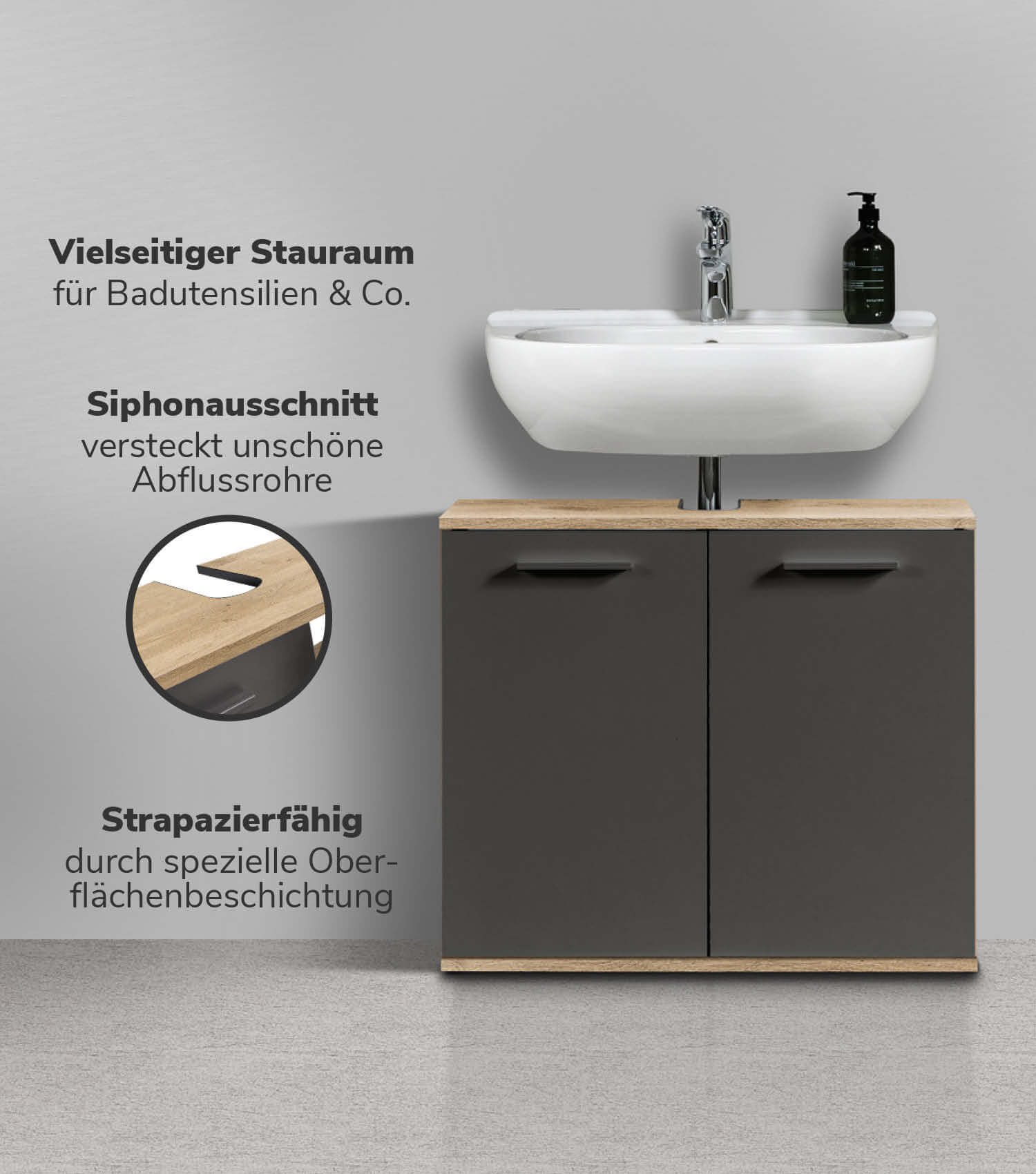 Meuble sous-lavabo blanc, vasque bois clair, salle de bain