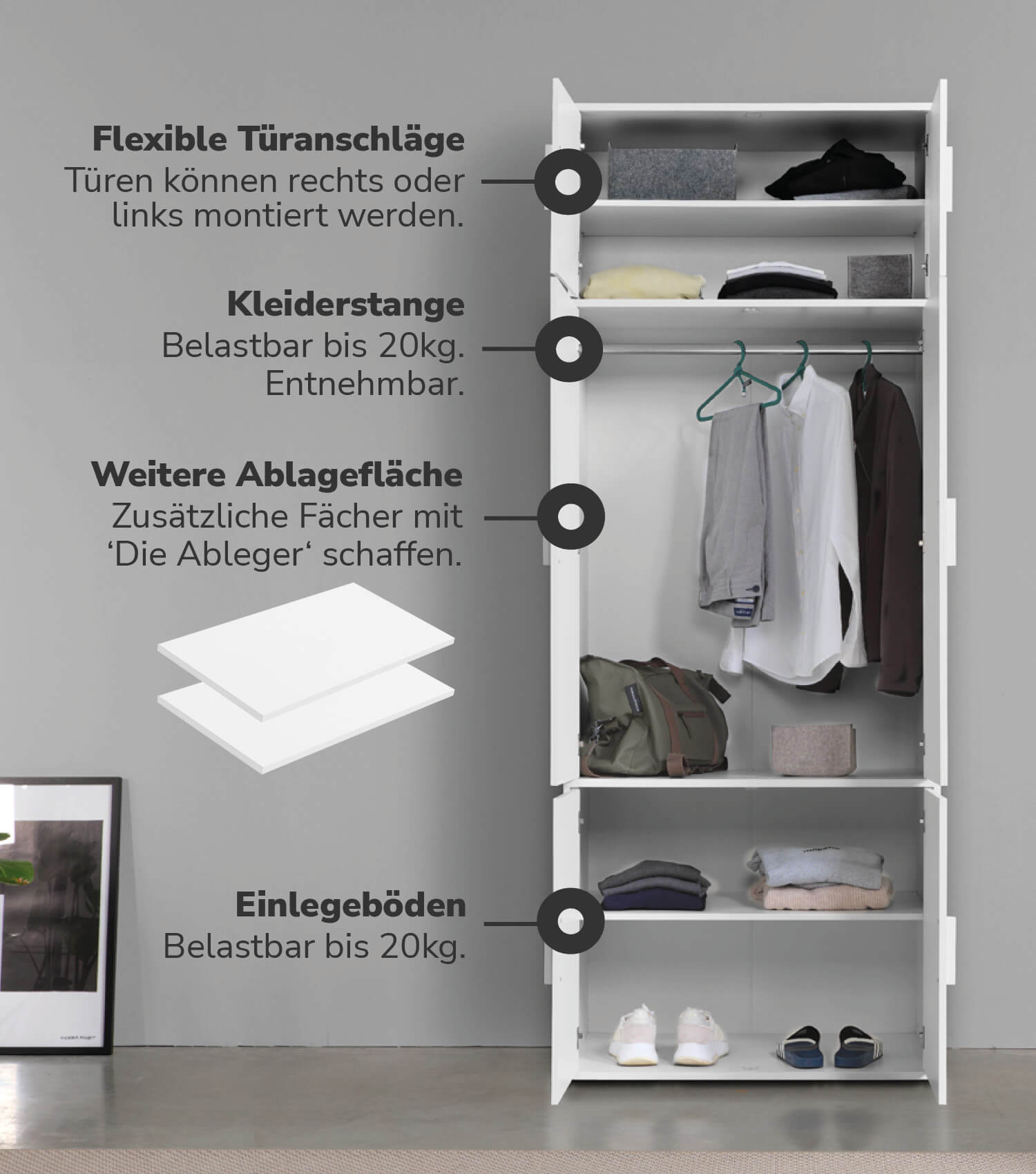 Armoire de chambre blanche avec portes battantes - Schrank
