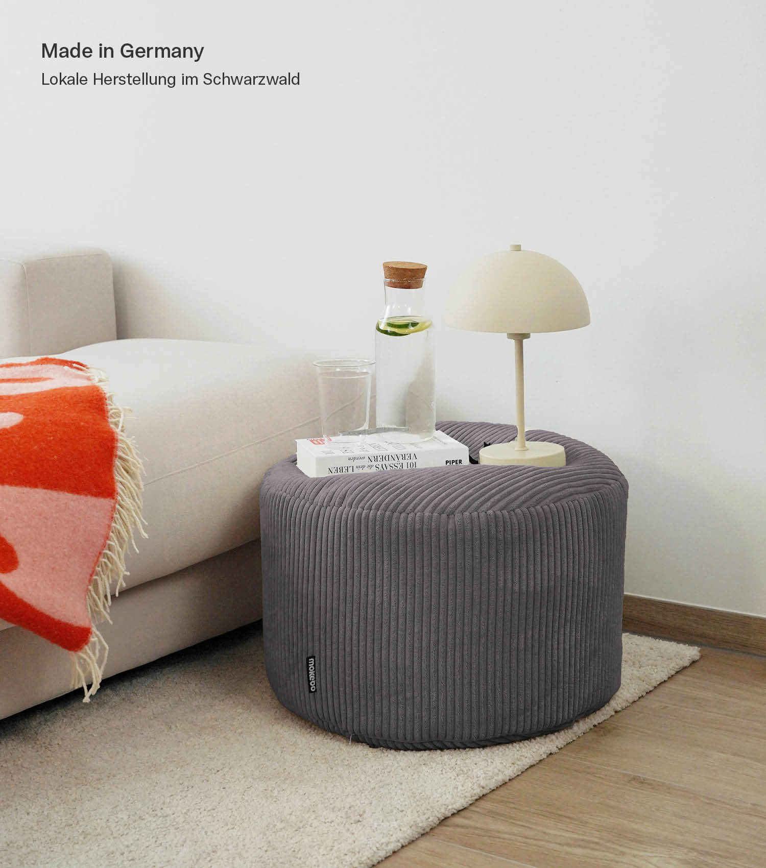 mokebo® 'Der faule Lenz' pouf d'intérieur en velours côtelé, tabouret rond 50x30cm