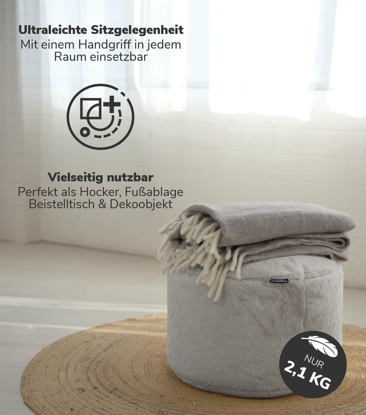 Pouf gris clair, repose-pieds et petit meuble d'appoint pour le salon#sku_PF5Softy-003gra