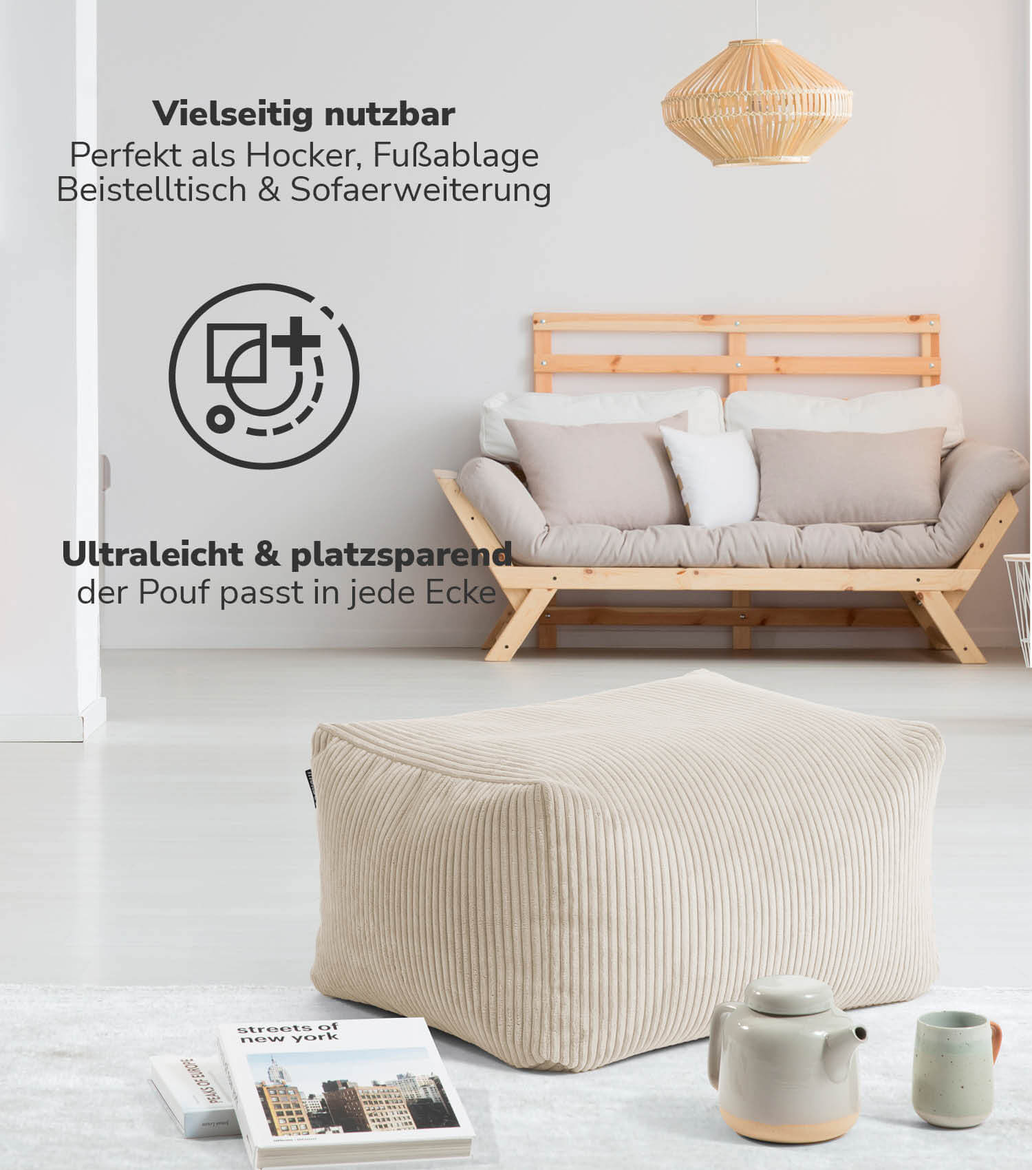 Pouf d'intérieur tabouret de sol coussin 'Der Ruhestifter' repose-pieds carré