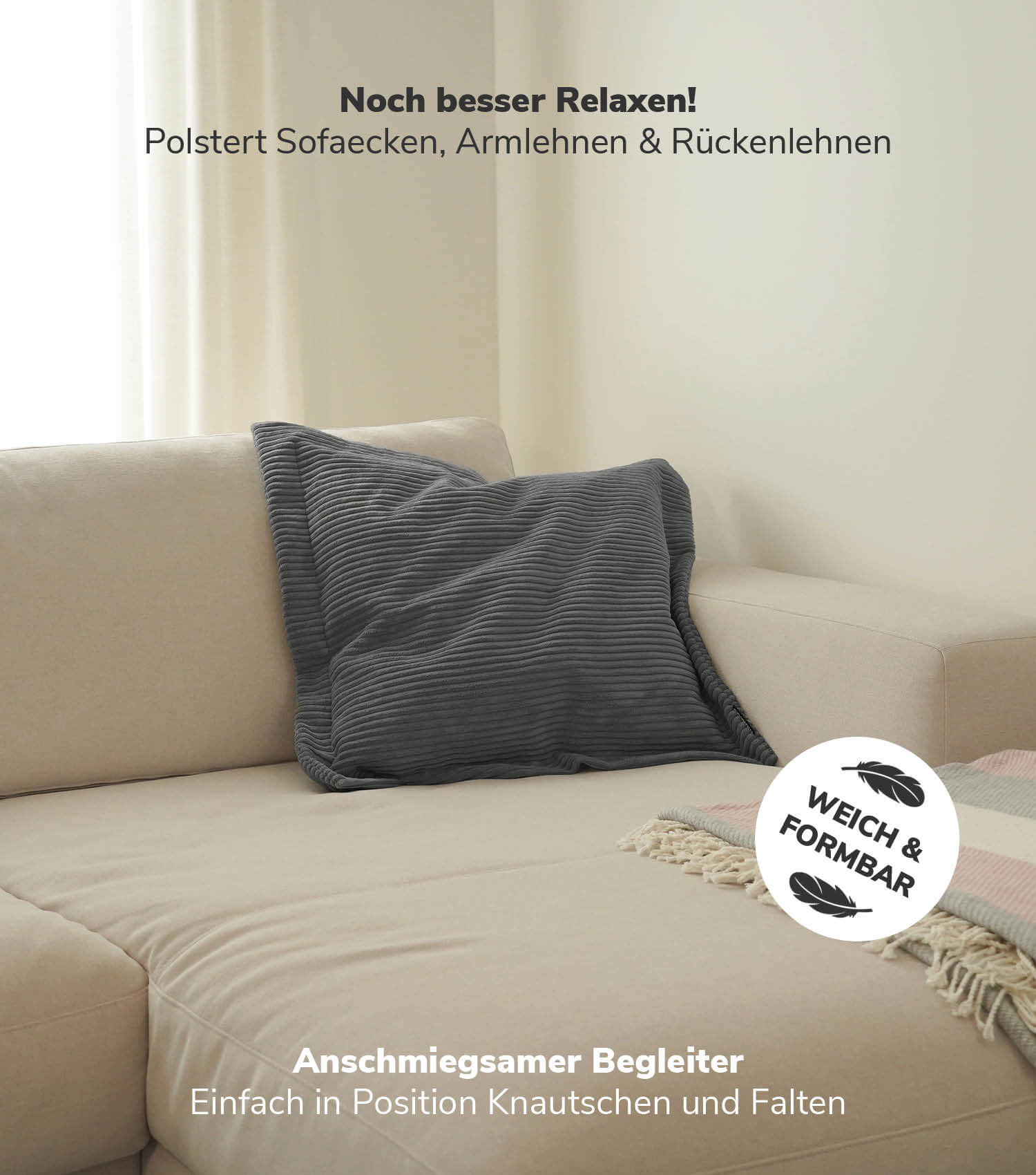 Coussin de canapé décoratif en velours côtelé, coloris anthracite