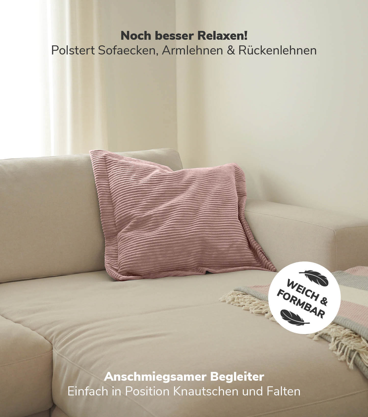 Coussin de canapé rose en velours côtelé