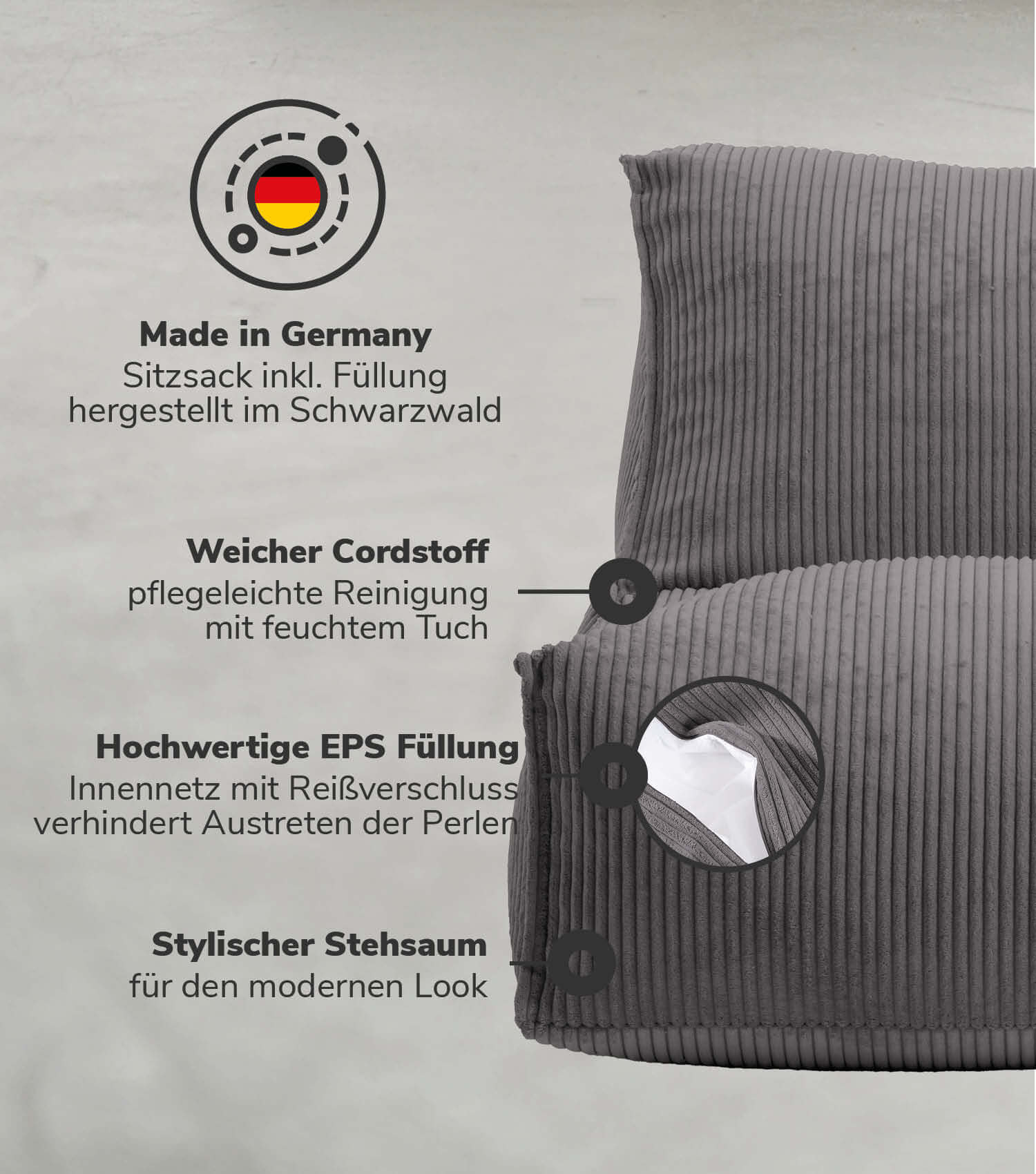 Pouf géant XXL + repose-pieds pour enfants et adultes avec remplissage 'Der Gelassene'