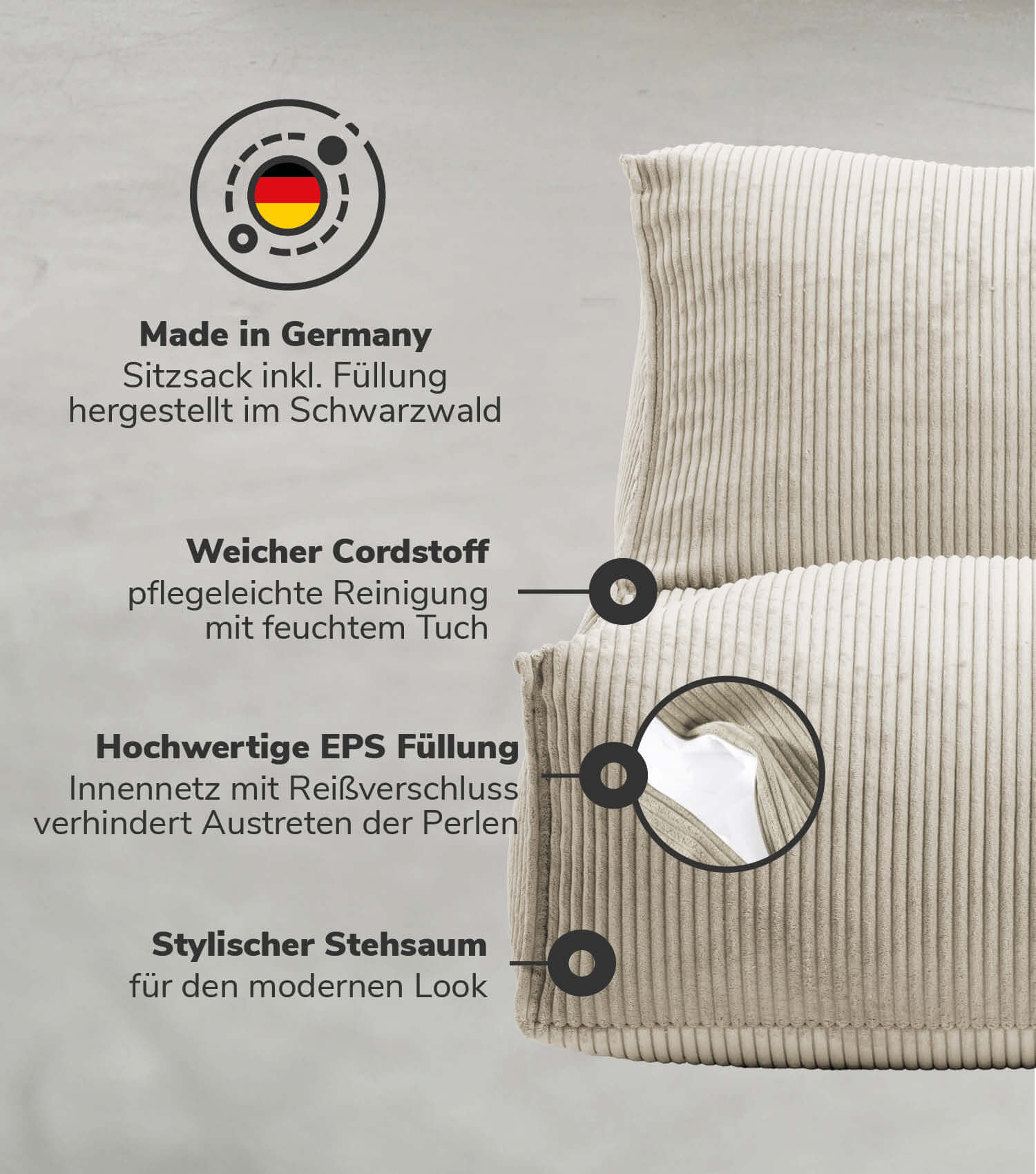 Pouf géant XXL + repose-pieds pour enfants et adultes avec remplissage 'Der Gelassene'