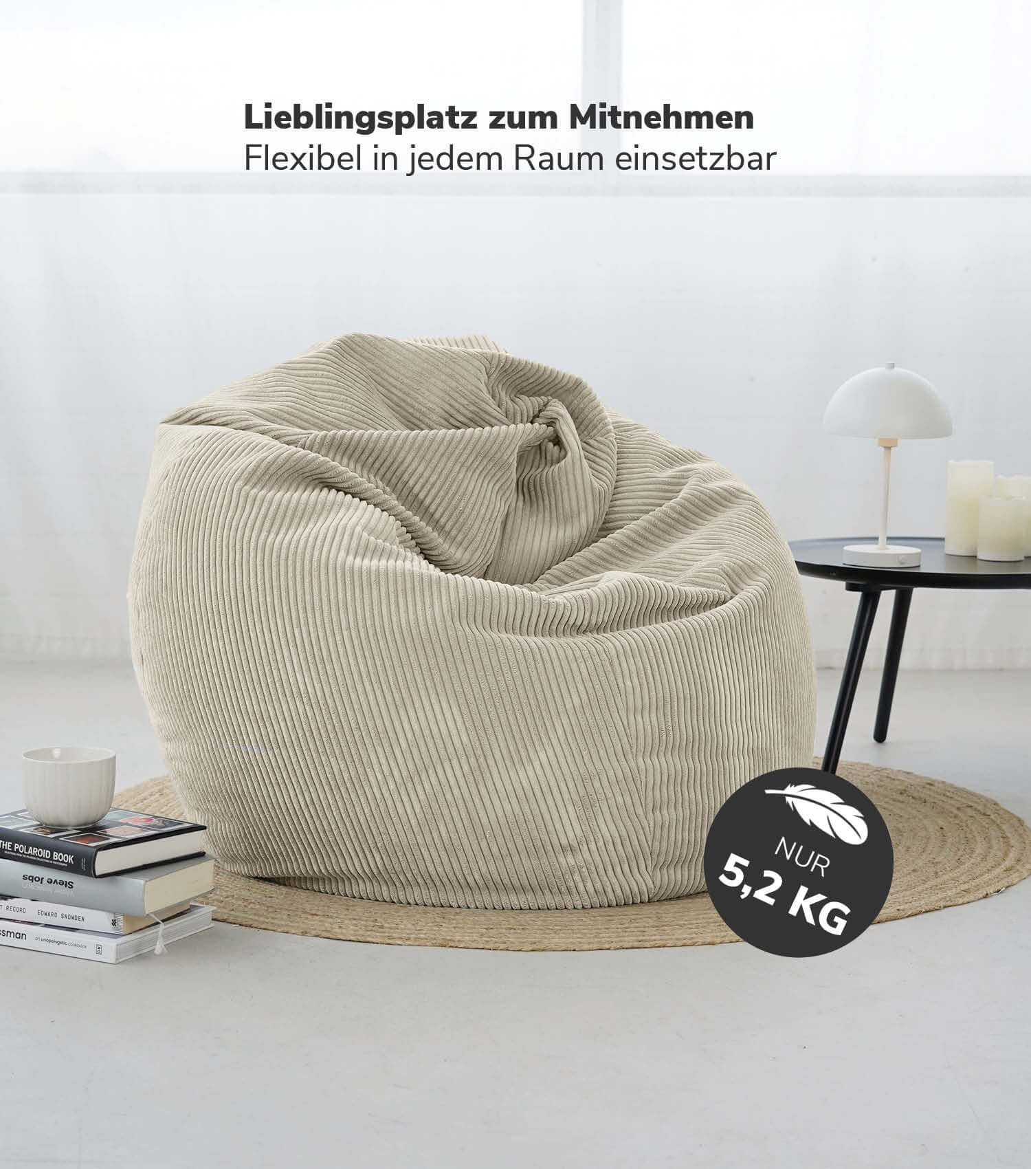 Pouf poire en velours côtelé, coussin de sol naturel