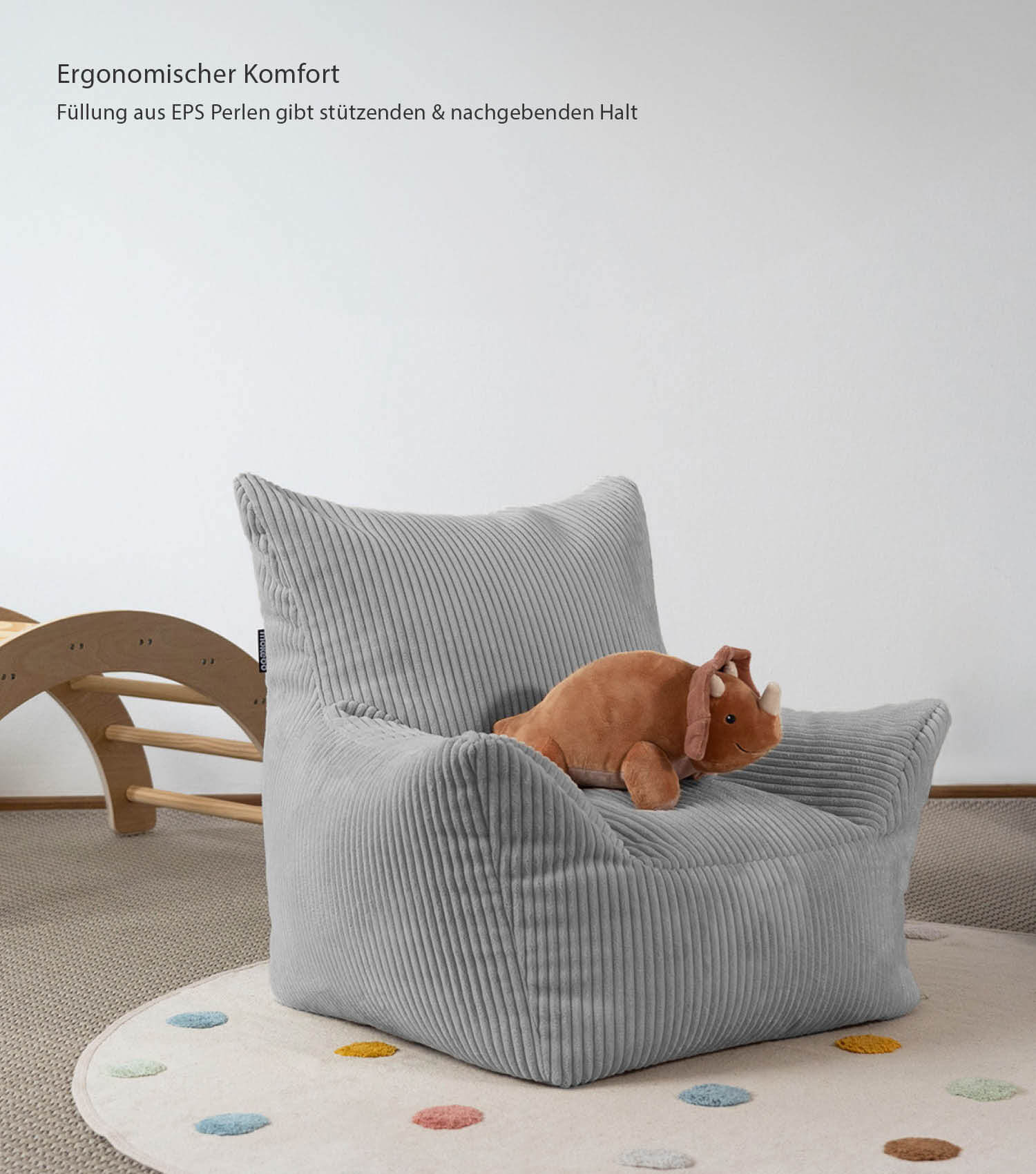 Pouf poire enfant en velours côtelé, fauteuil enfant gris pour lire ou se détendre