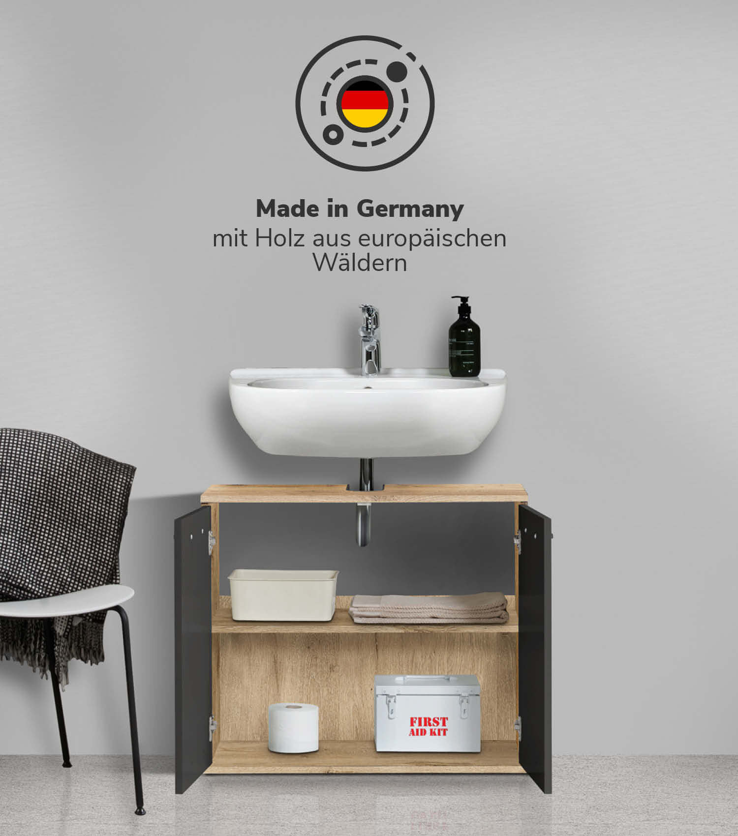 Meuble sous-lavabo blanc, vasque bois clair, salle de bain
