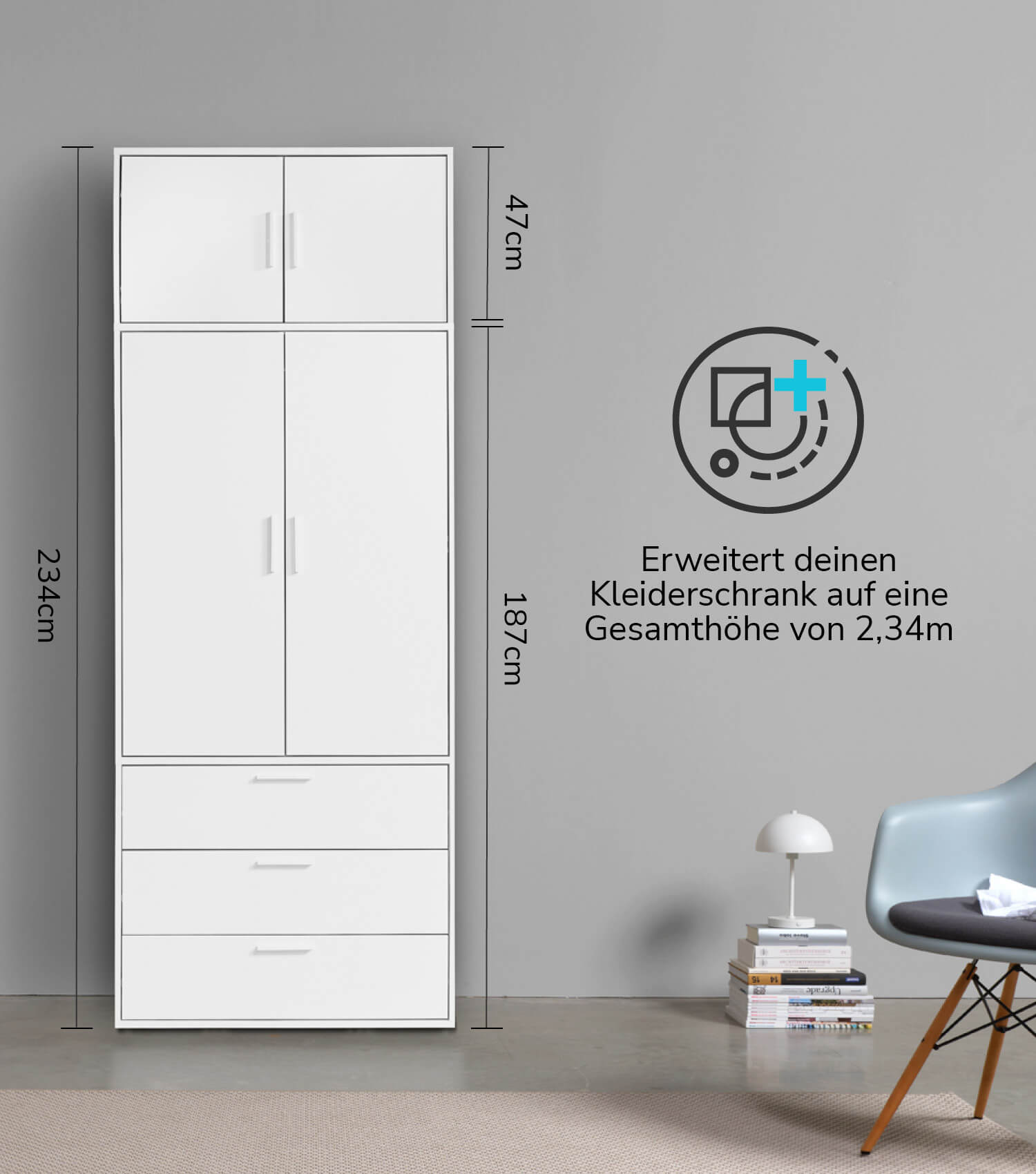 Dessus d'armoire blanc avec 2 portes pour rangement supplémentaire