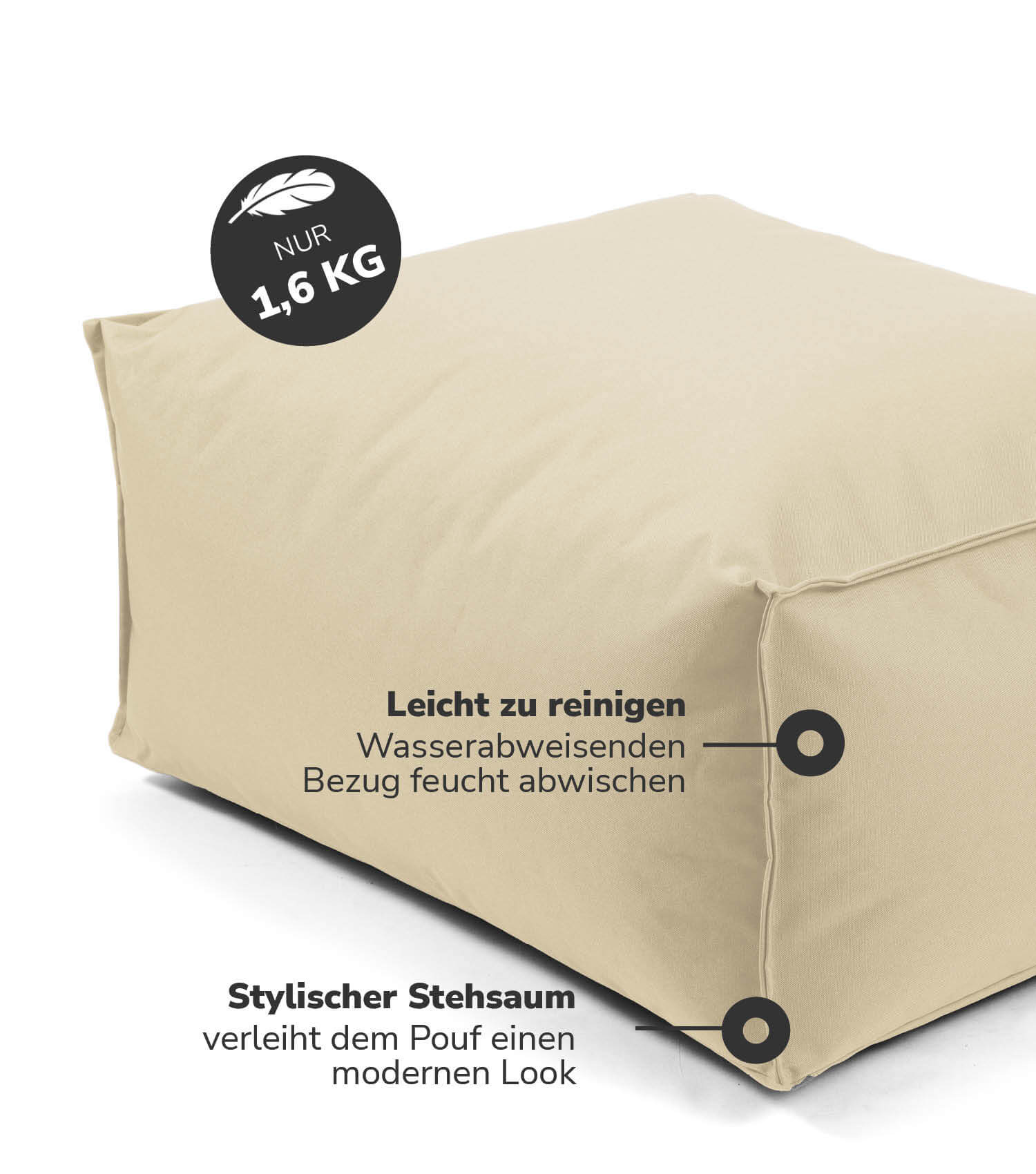 Pouf extérieur carré repose-pieds coussin de sol 'Der Ruhepouf' tabouret bas eckig