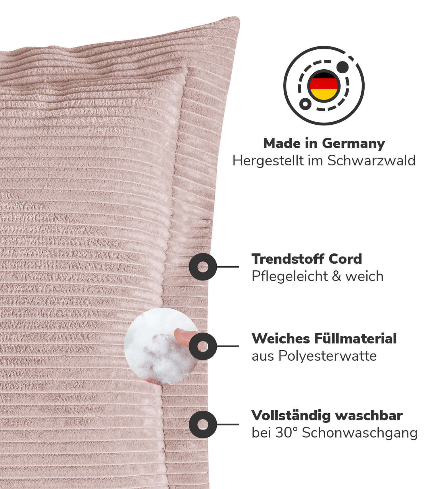Coussin de canapé rose en velours côtelé