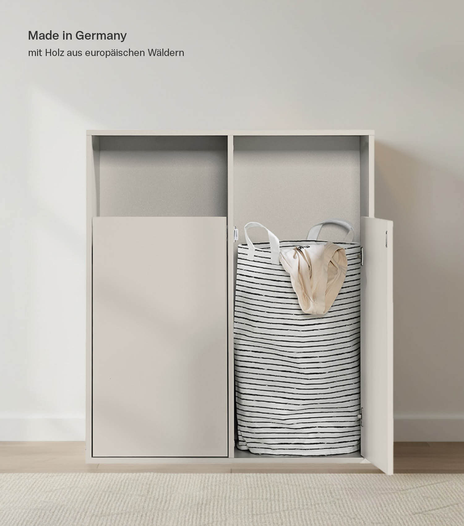 Panier à linge en bois avec séparations pour tri du linge, modèle Wäscheschrank