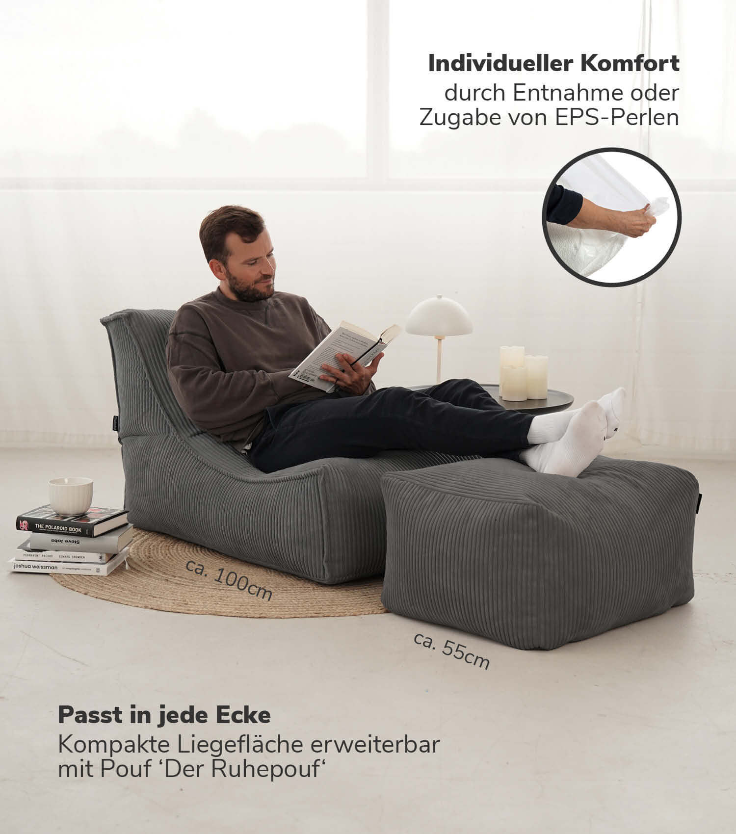 Pouf géant XXL + repose-pieds pour enfants et adultes avec remplissage 'Der Gelassene'