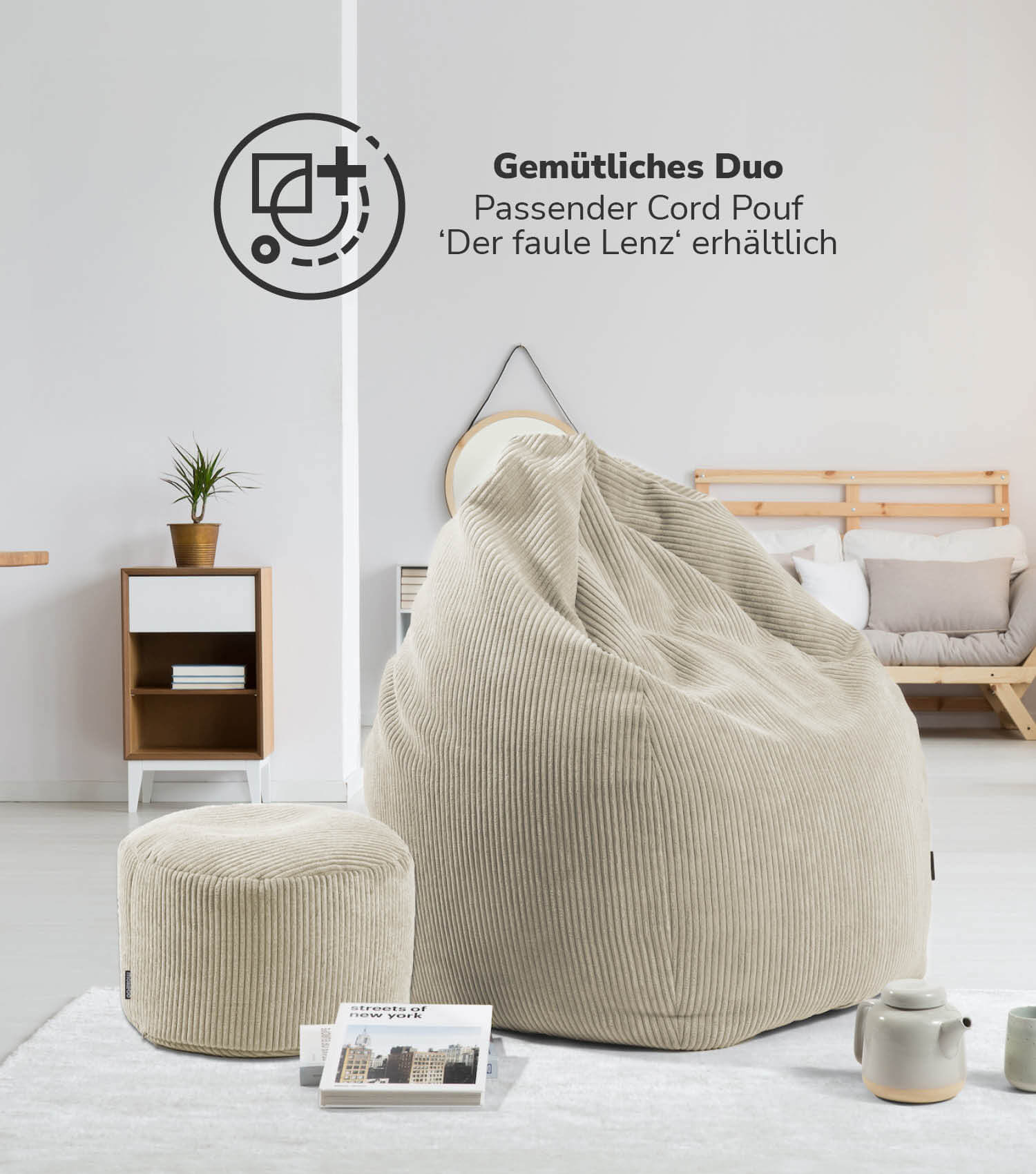 Pouf poire en velours côtelé, coussin de sol naturel