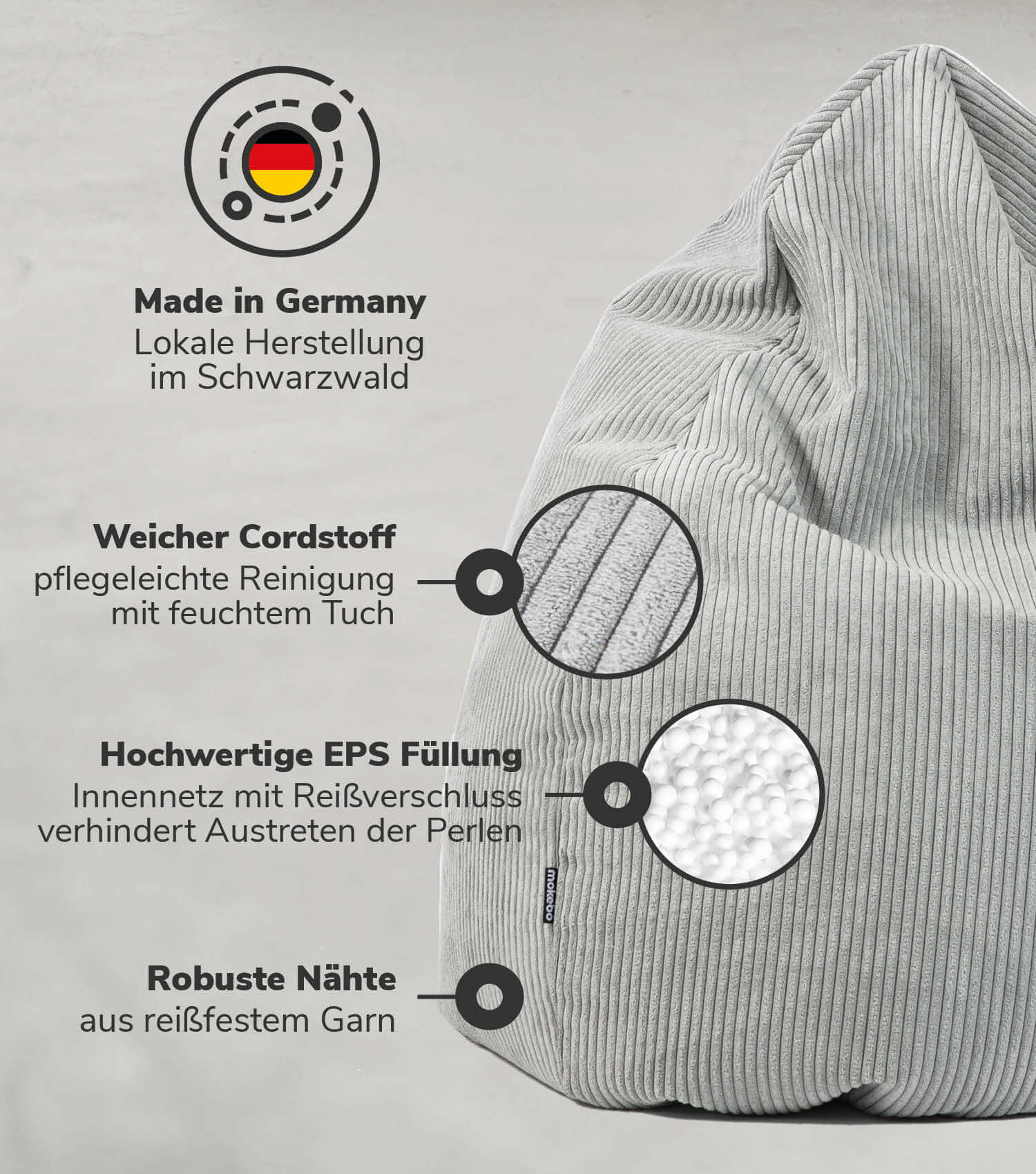 Pouf poire en velours côtelé gris, coussin de sol confortable