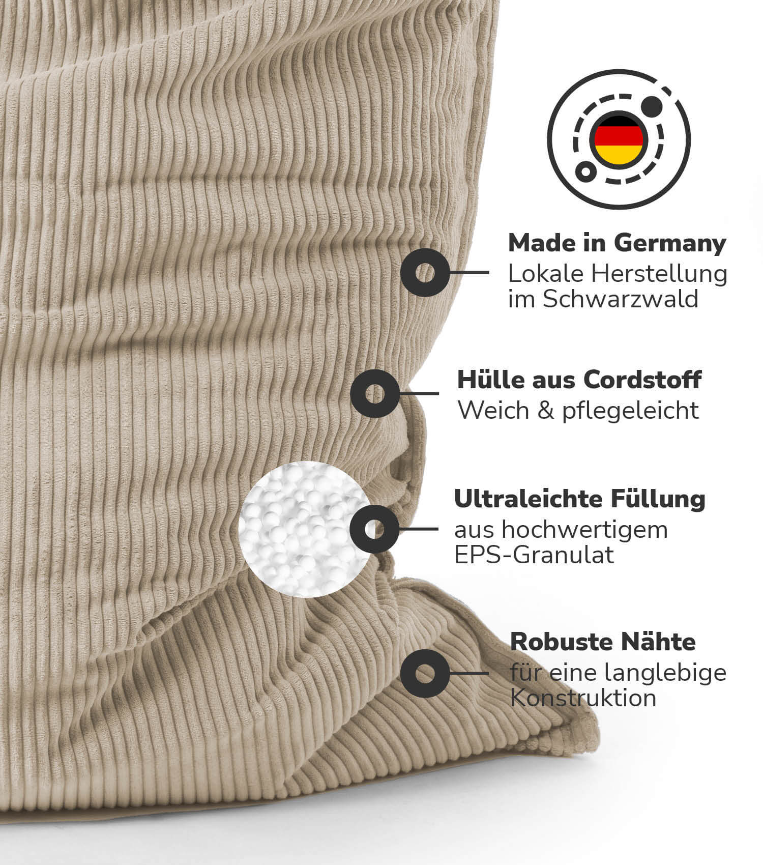 Pouf géant XXL avec housse en velours côtelé, repose-pieds design