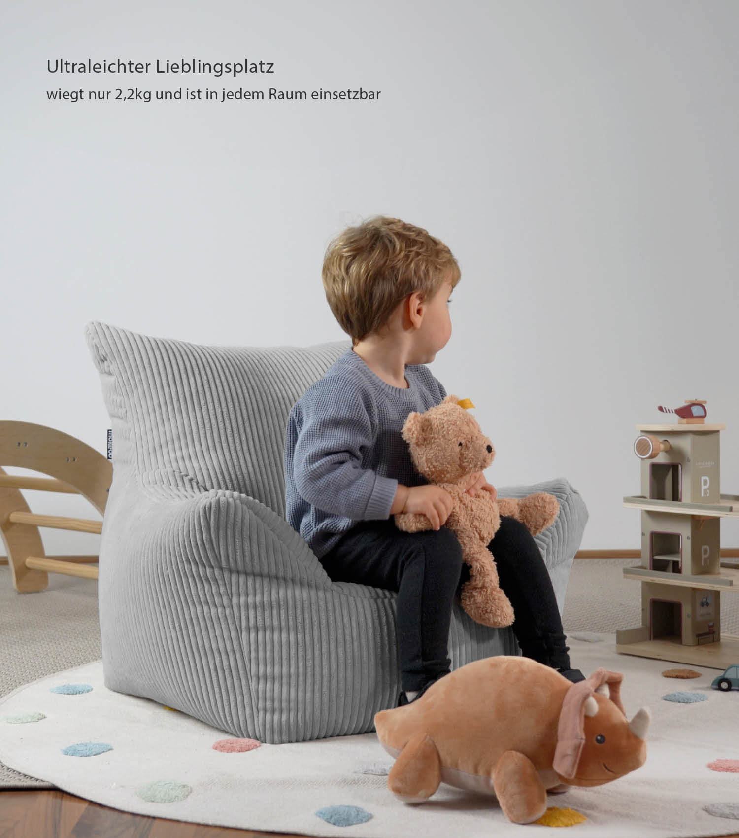 Pouf de sol pour enfants en velours côtelé, pouf de lecture gris pour enfants