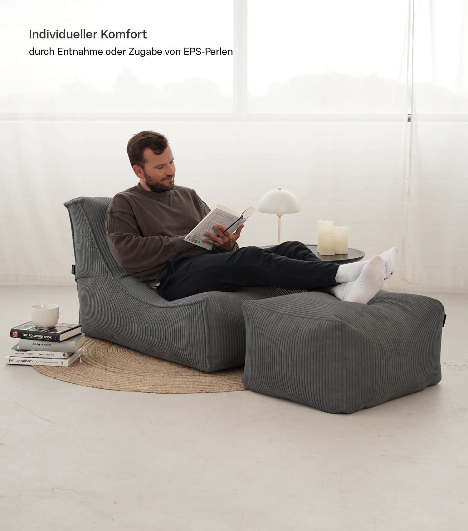 Pouf géant XXL + repose-pieds pour enfants et adultes avec rembourrage 'Der Gelassene'