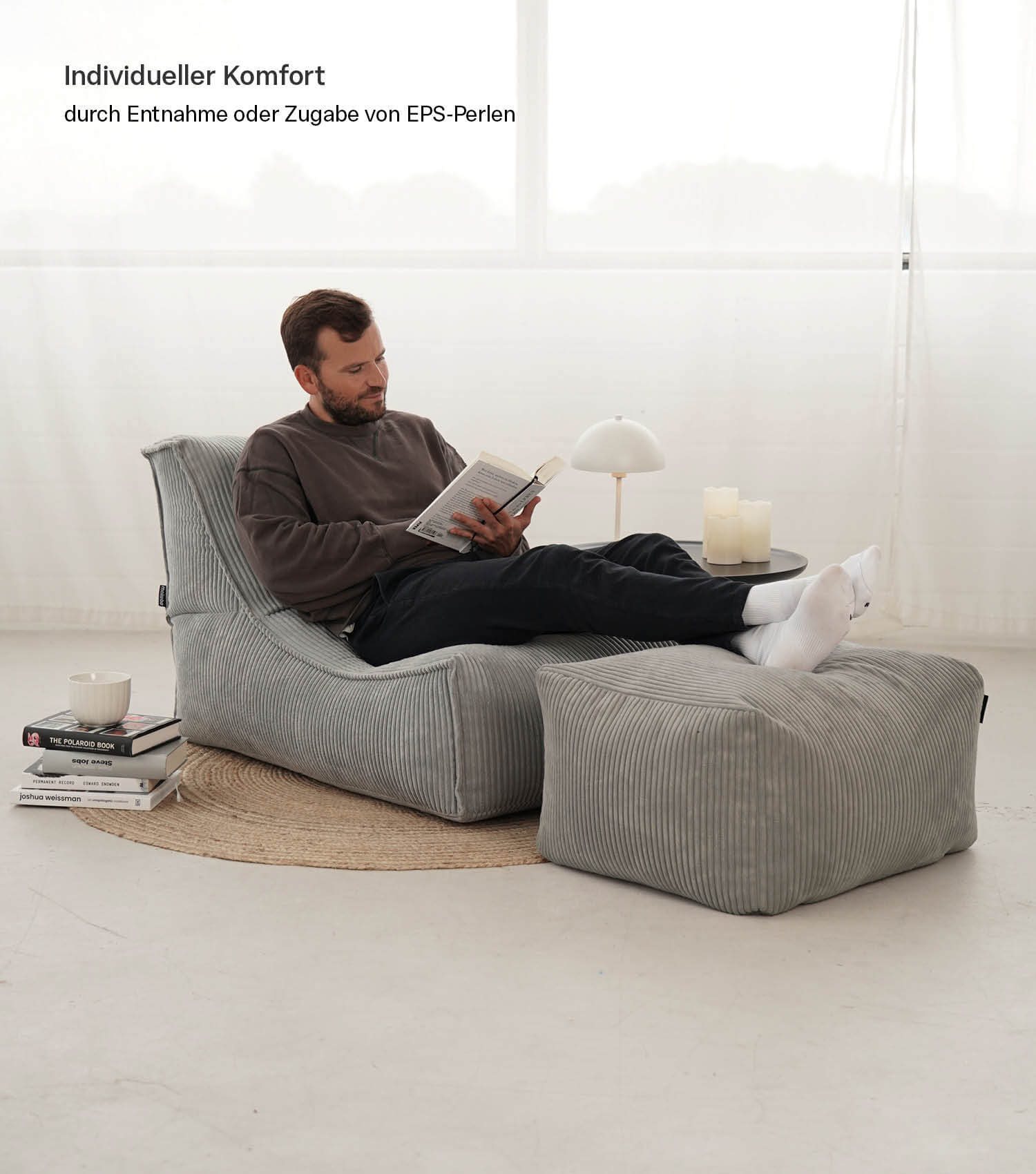 Pouf géant XXL + repose-pieds pour enfants et adultes avec remplissage 'Der Gelassene'