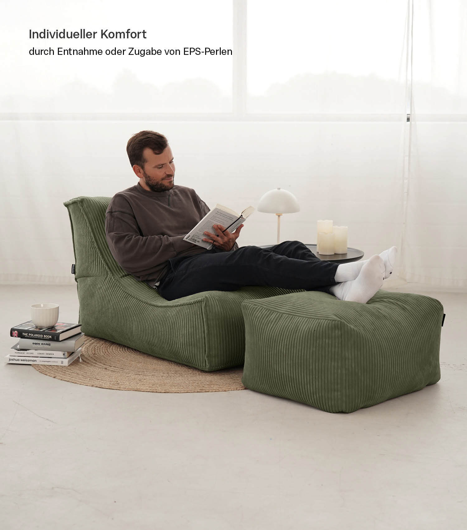 Pouf géant XXL + repose-pieds pour enfants et adultes avec remplissage 'Der Gelassene'