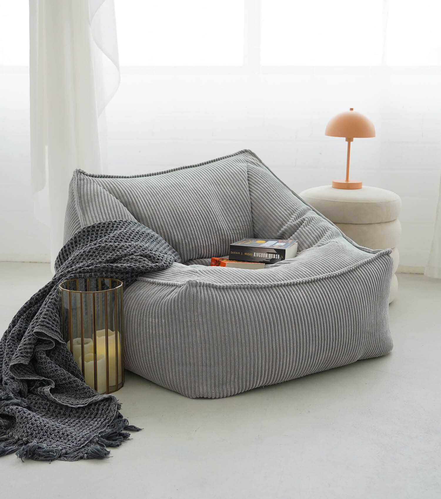 Fauteuil Cord XXL sac à billes avec accoudoirs, coloris gris