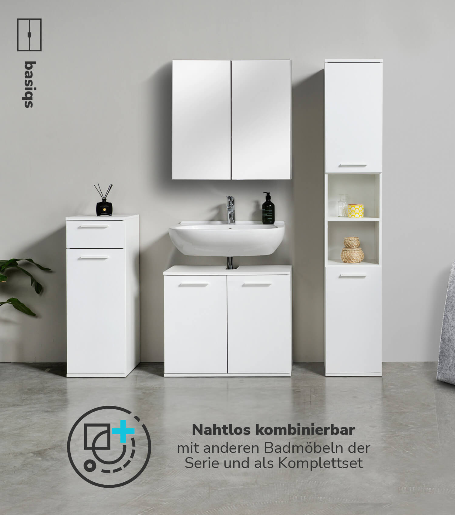 Meuble sous-lavabo blanc avec tiroirs et portes, sku BS1.1-alpw