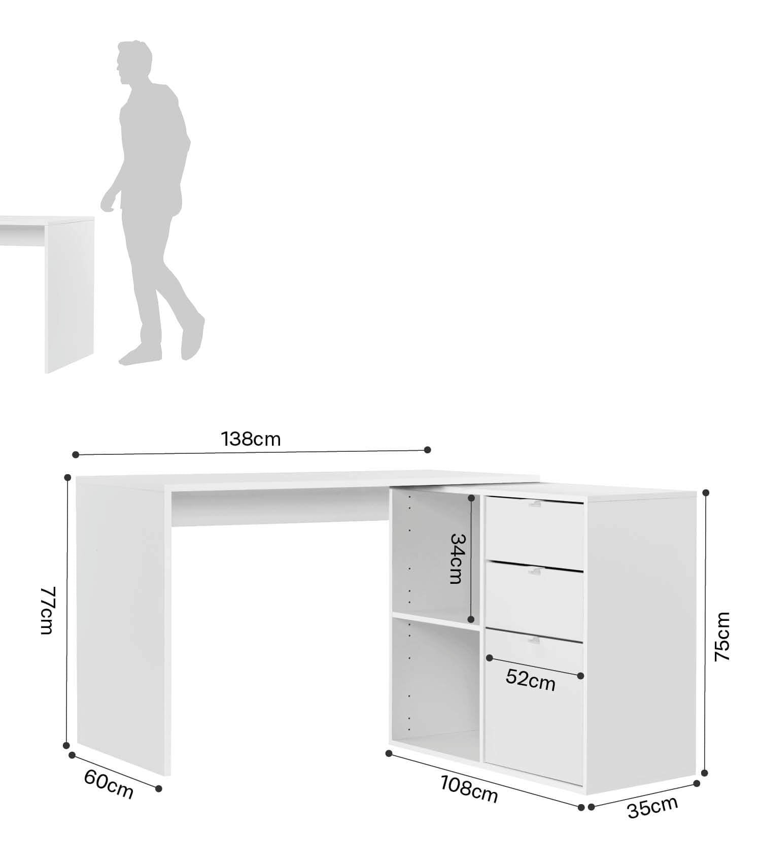 Bureau d'angle avec plateau informatique pour enfant, finition blanc perlé