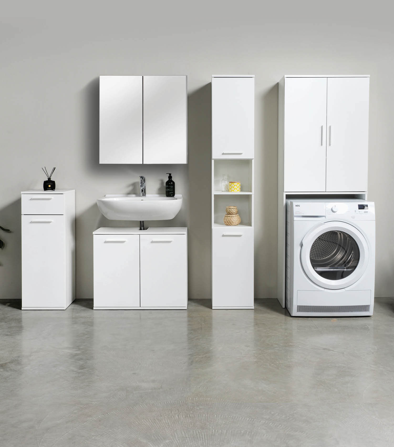 Meuble lave-linge avec surmeuble, étagère au-dessus de toilettes, rangement de salle de bain