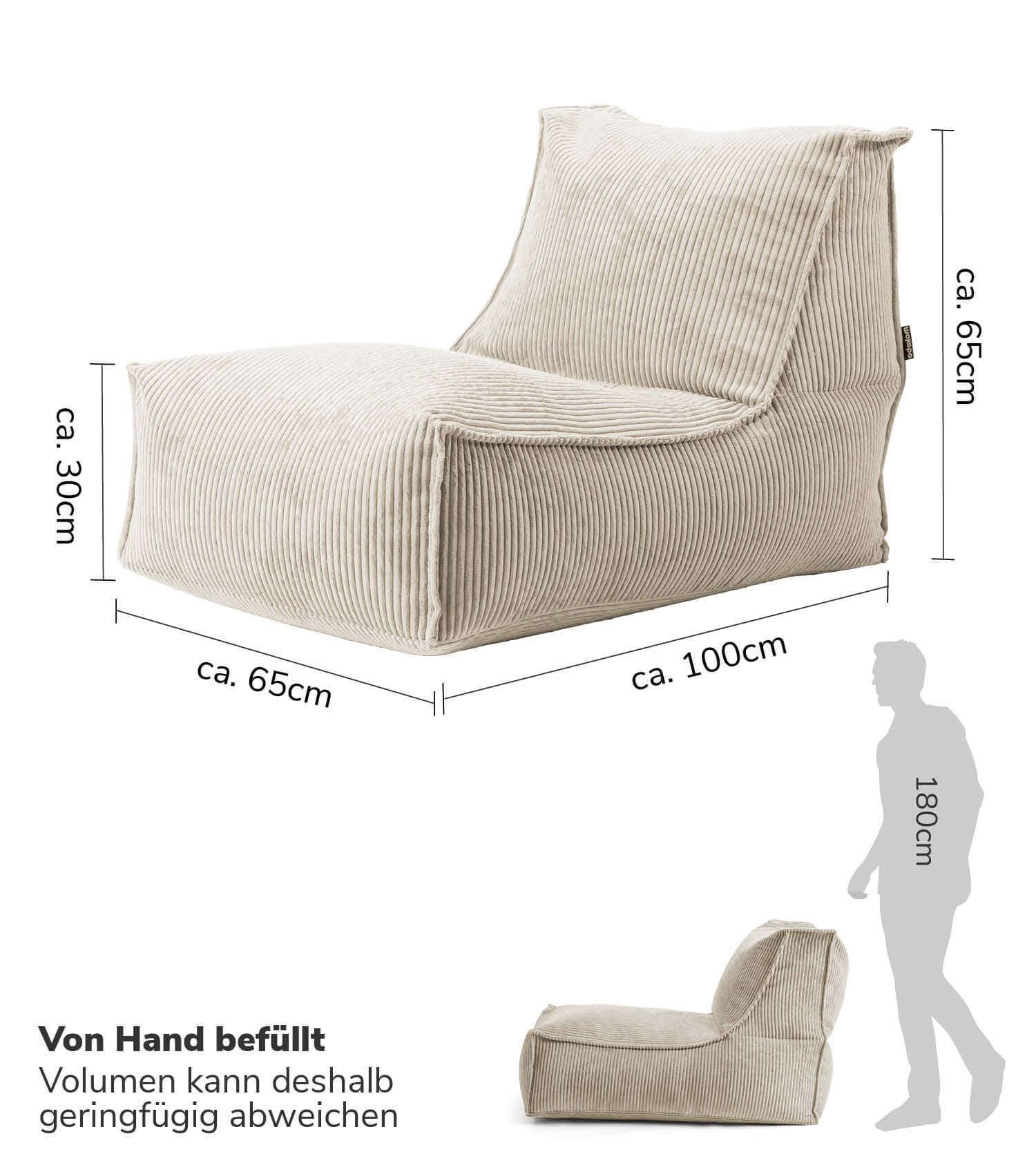 Pouf géant XXL + repose-pieds pour enfants et adultes avec remplissage 'Der Gelassene'